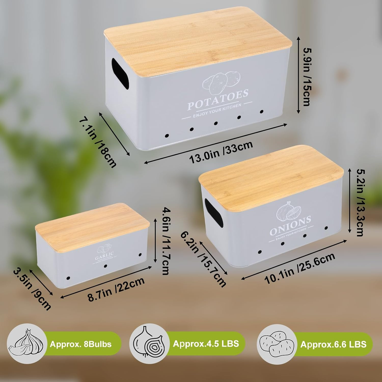 Kitchen Vegetable Storage Set of 3, Metal Onion Garlic Potato Storage Set, Kitch