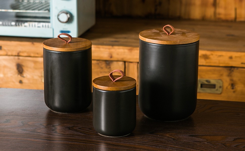 Black Ceramic Canister Set with Wooden Lid, 3-Piece Airtight Food Storage Jars