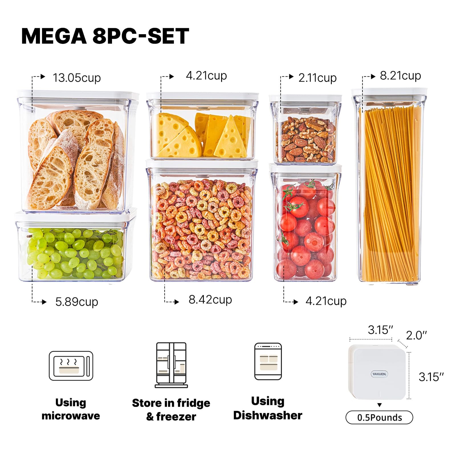 VAKUEN Premium Airtight Food Storage Containers Mega 8P/Set. Total 46.11cup,