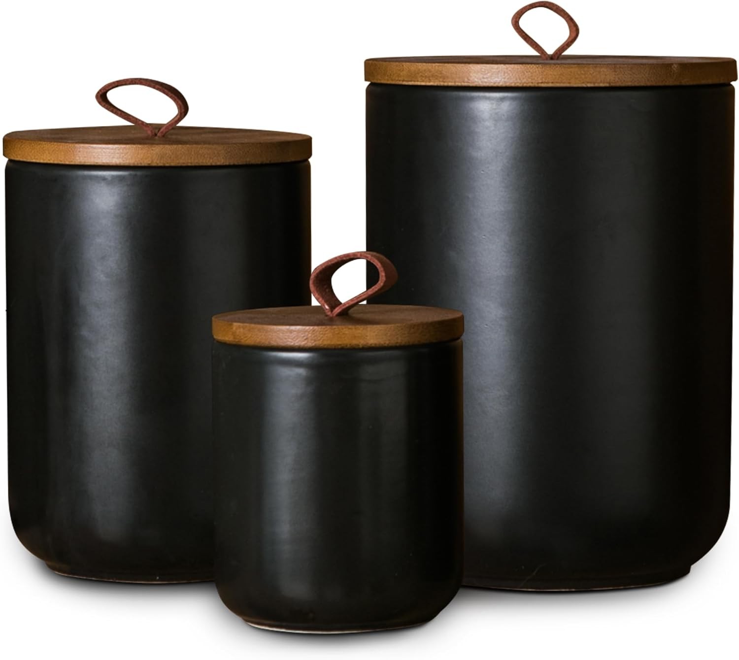 Black Ceramic Canister Set with Wooden Lid, 3-Piece Airtight Food Storage Jars