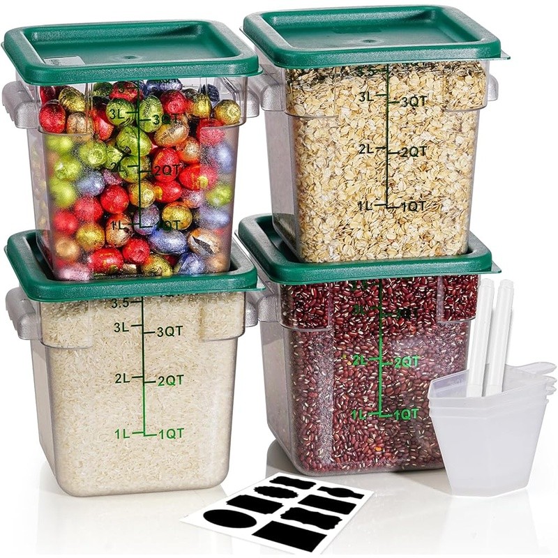 Clear Food Storage Container Set 8Qt 4PCS W/ Labels Marker Measuring Cups New