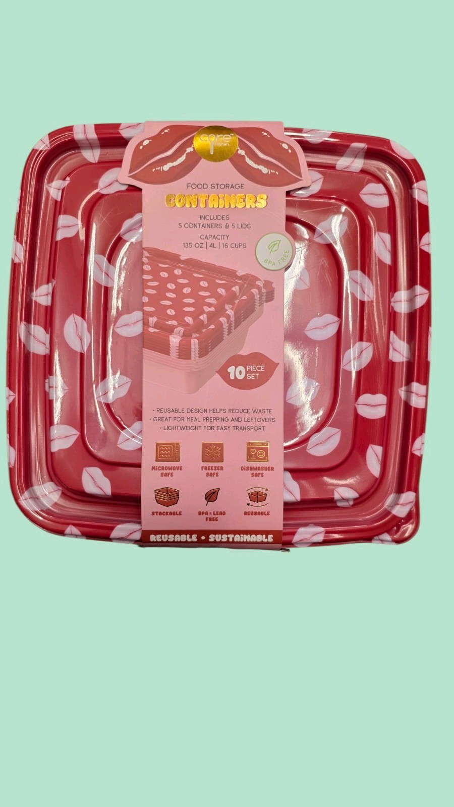Core Kitchen Lips Pattern Storage Container Set 10pc Snap Lid Valentine’s Day