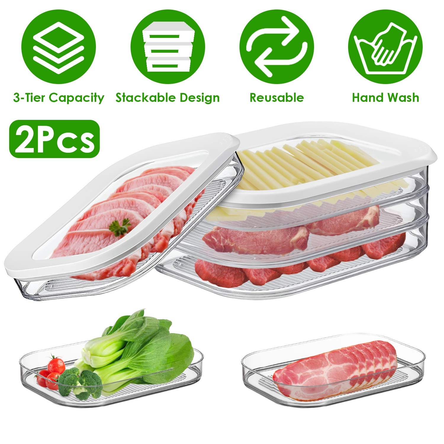2pcs 3-Tier Meat Container Stackable Food Storage Boxes with Lid for Fridge