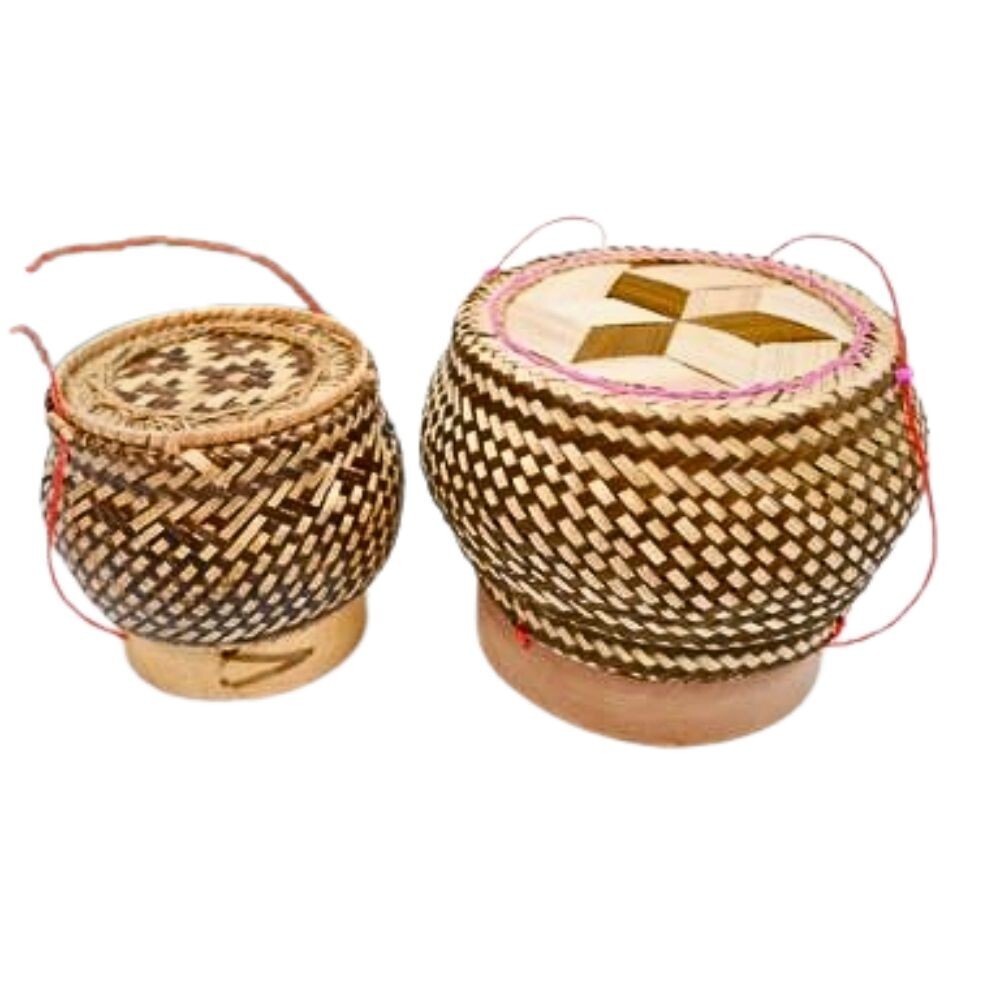 Set 2 pcs Kratip Sticky Rice Pot Jar Container Bamboo Basket Serving Pot Vintage
