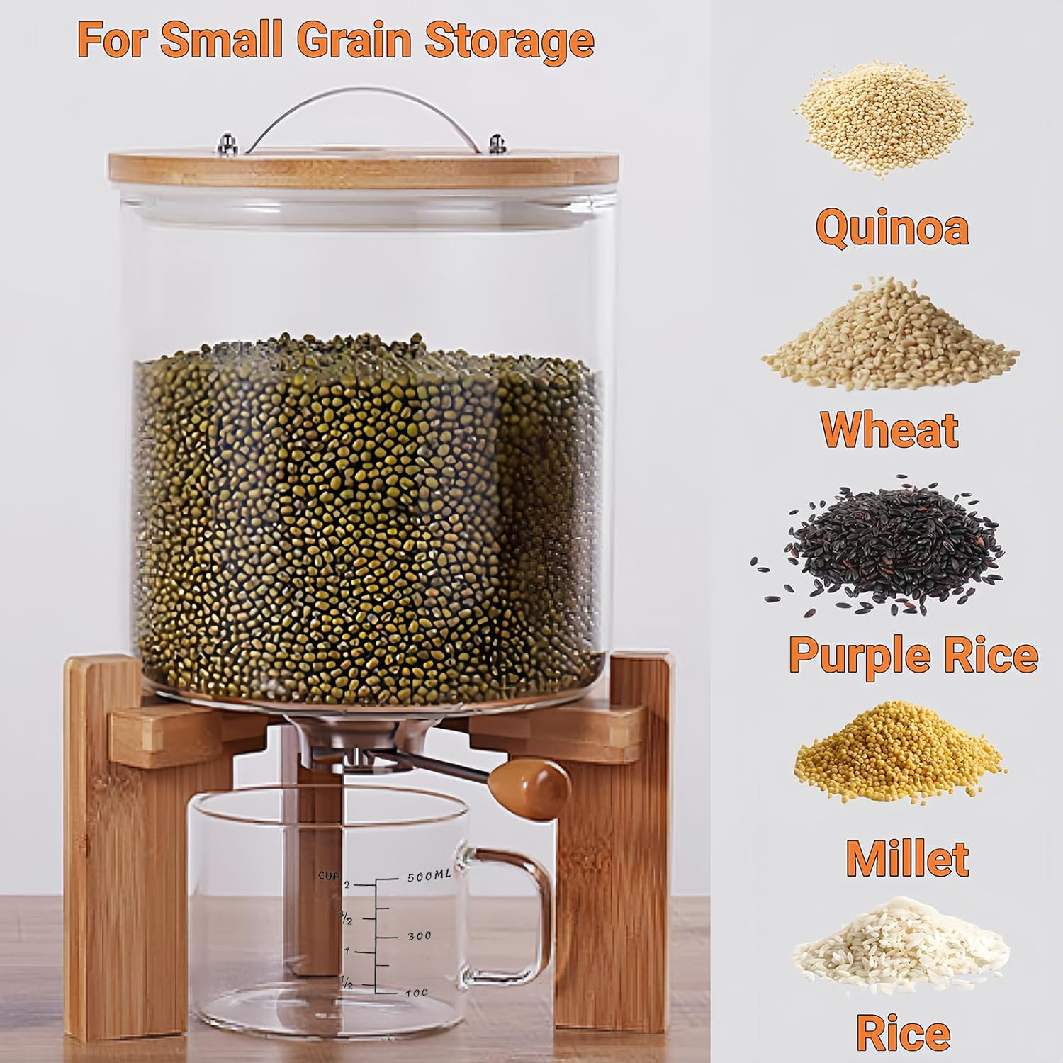5L Glass Rice Dispenser with Bamboo Stand & Airtight Food Storage Bin
