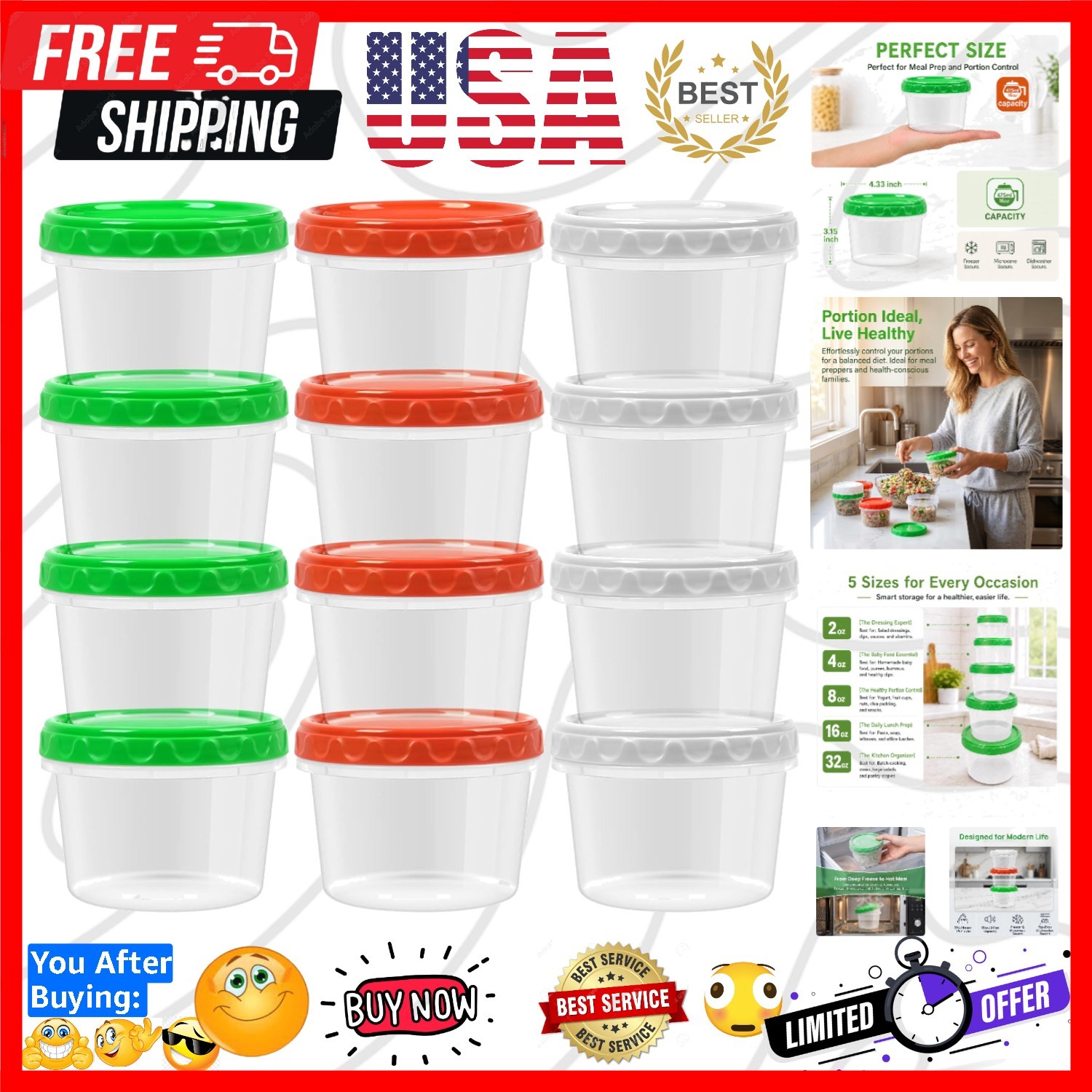 16 oz Plastic Freezer Containers with Lids 2 Cup Food Storage Container BPA F…