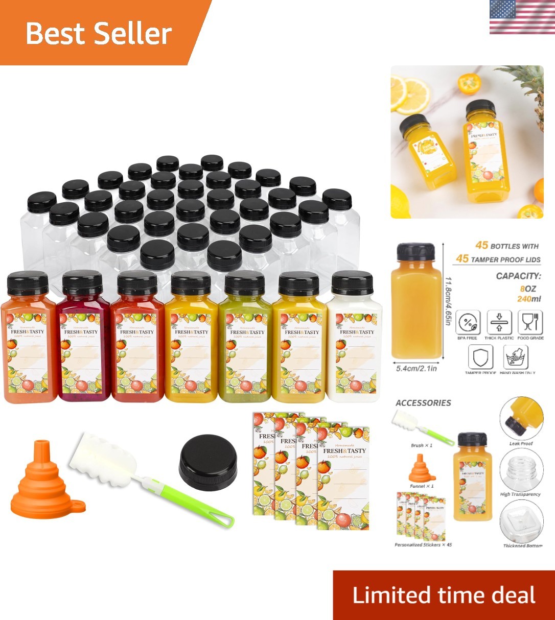 Bulk Set of 45 BPA-Free 8oz Clear Plastic Juice Bottles with Tamper-Evident Caps