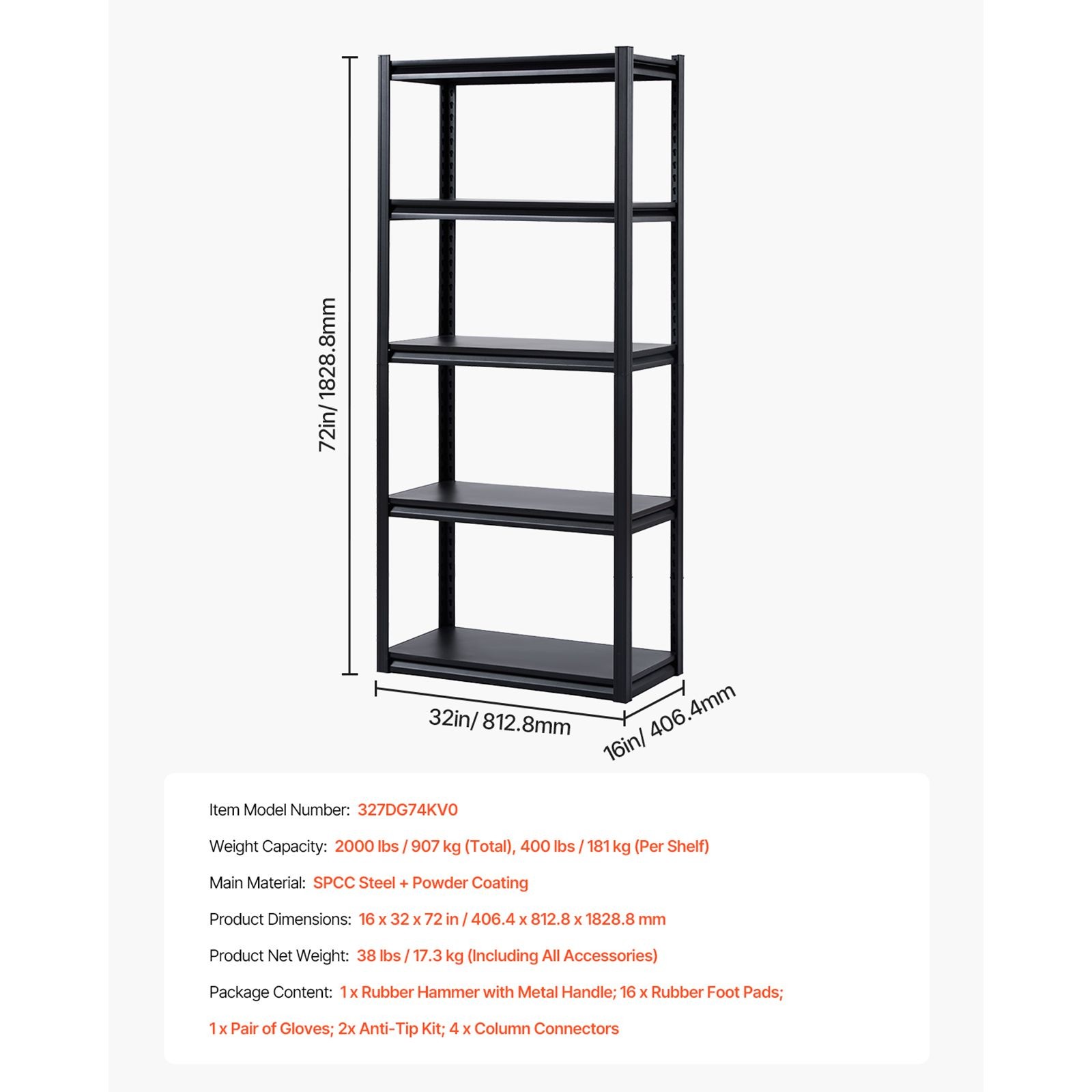 5 – Tier Heavy Duty Shelving, 2000 lbs Capacity, 16x32x72 Inch Adjustable Metal