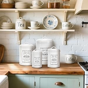 Set of 4 Kitchen Canisters with Airtight Lids, Coffee Tea Sugar Flour Tin Jars