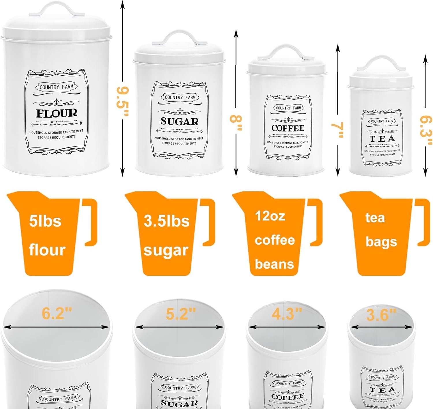 Set of 4 Kitchen Canisters with Airtight Lids, Coffee Tea Sugar Flour Tin Jars