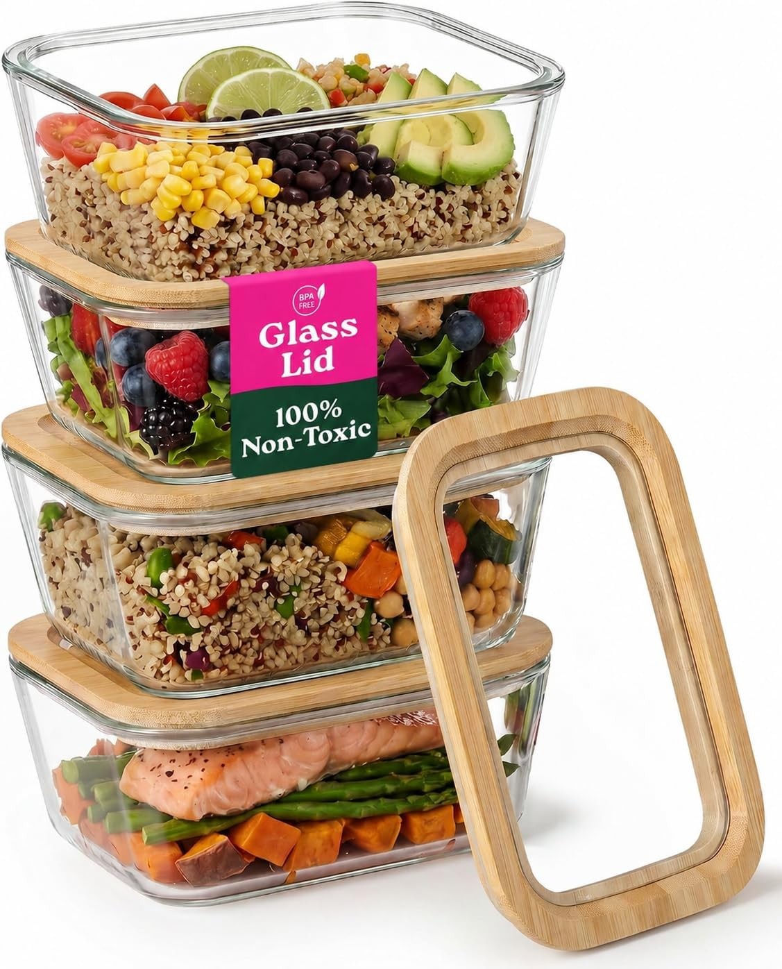 4-Pack Glass Food Storage Containers W/ Clear-Top Bamboo Lids – Plastic Free