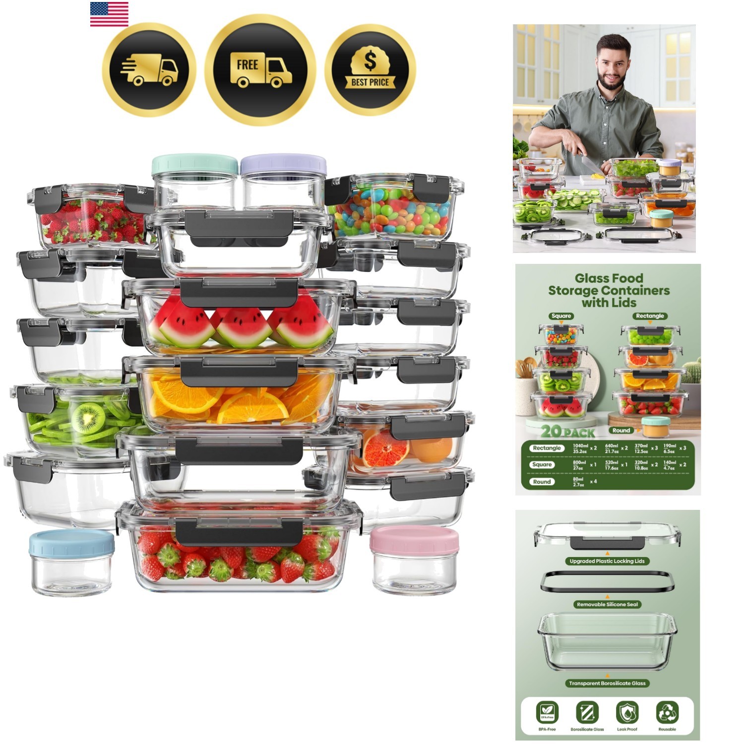 40 PCS Stackable Glass Food Containers – Ideal for Meal Prep & Organization