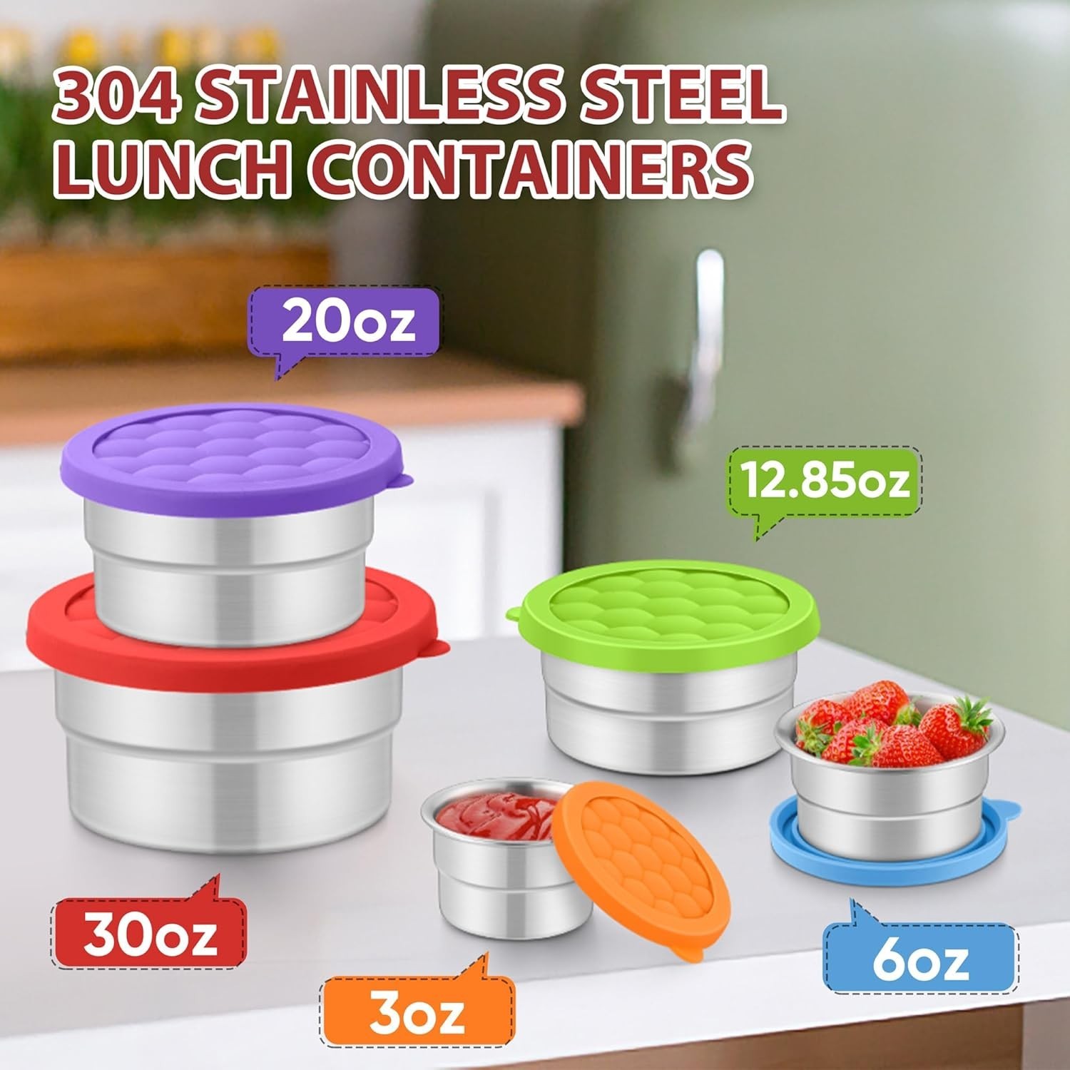 Stainless Steel Food Containers With Lids 3oz,6oz,12.85oz,20oz,30oz Set Of 5