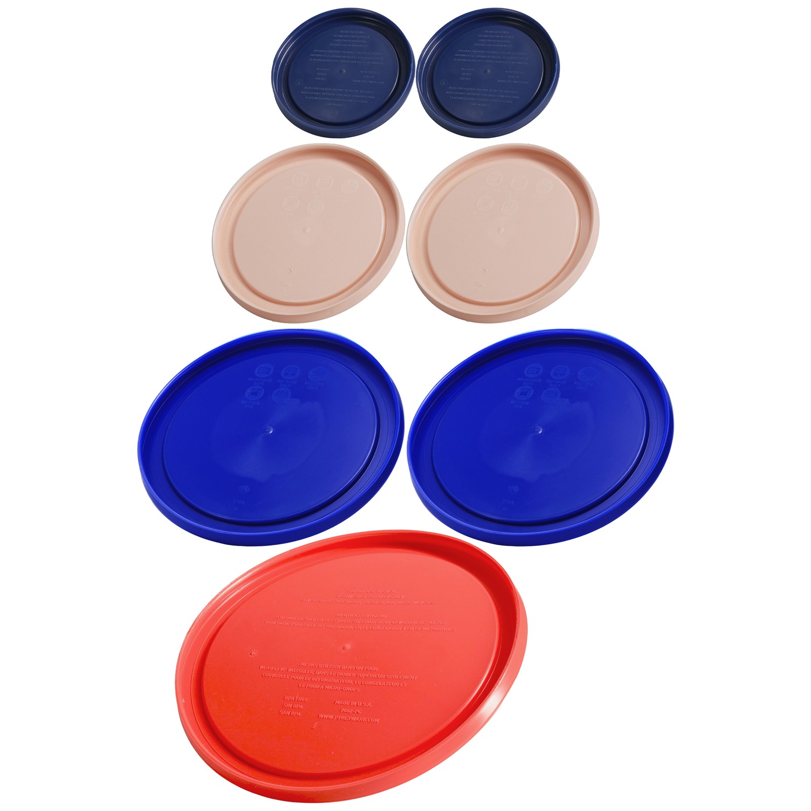 Pyrex Lids Bundle: (2) 7202 BL, (2) 7200 RSW, (2) 7201 CB, (1) 7402-PC RD