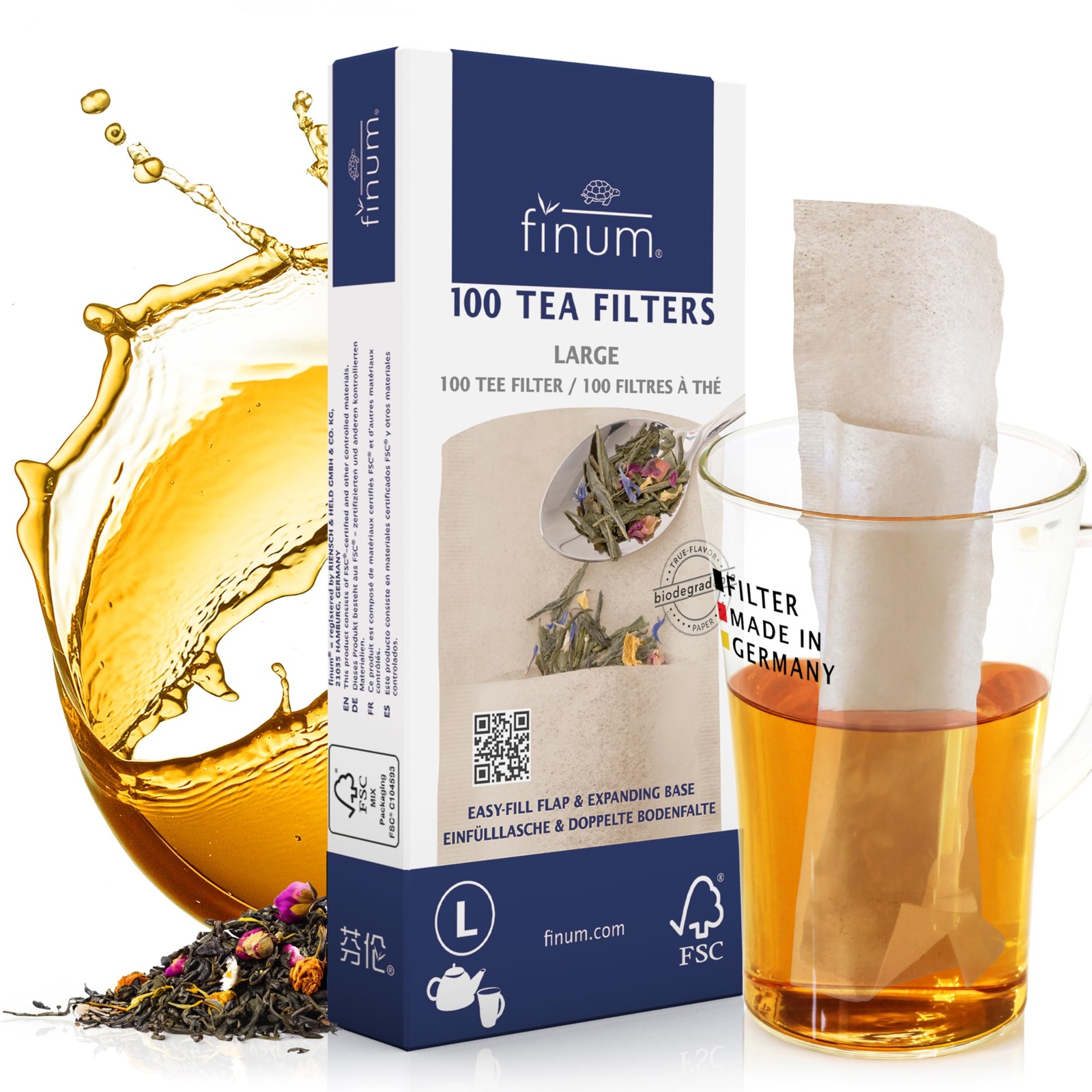 Finum Disposable Paper Tea Filter Bags for Loose Tea, Brown, Large, Natural