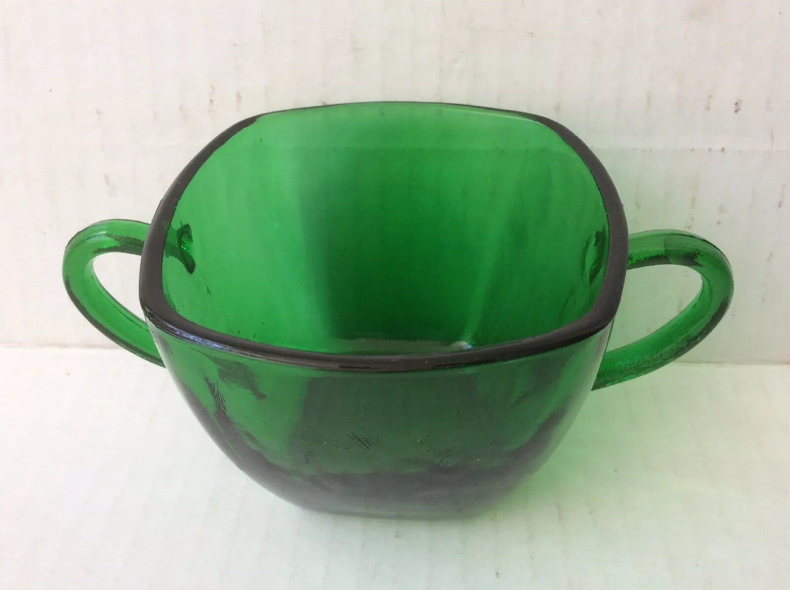 Lot of 4 Pcs Vintage Green Glass: 1 Vase & 2 Cups & 1 Cup W/ Double Handlers