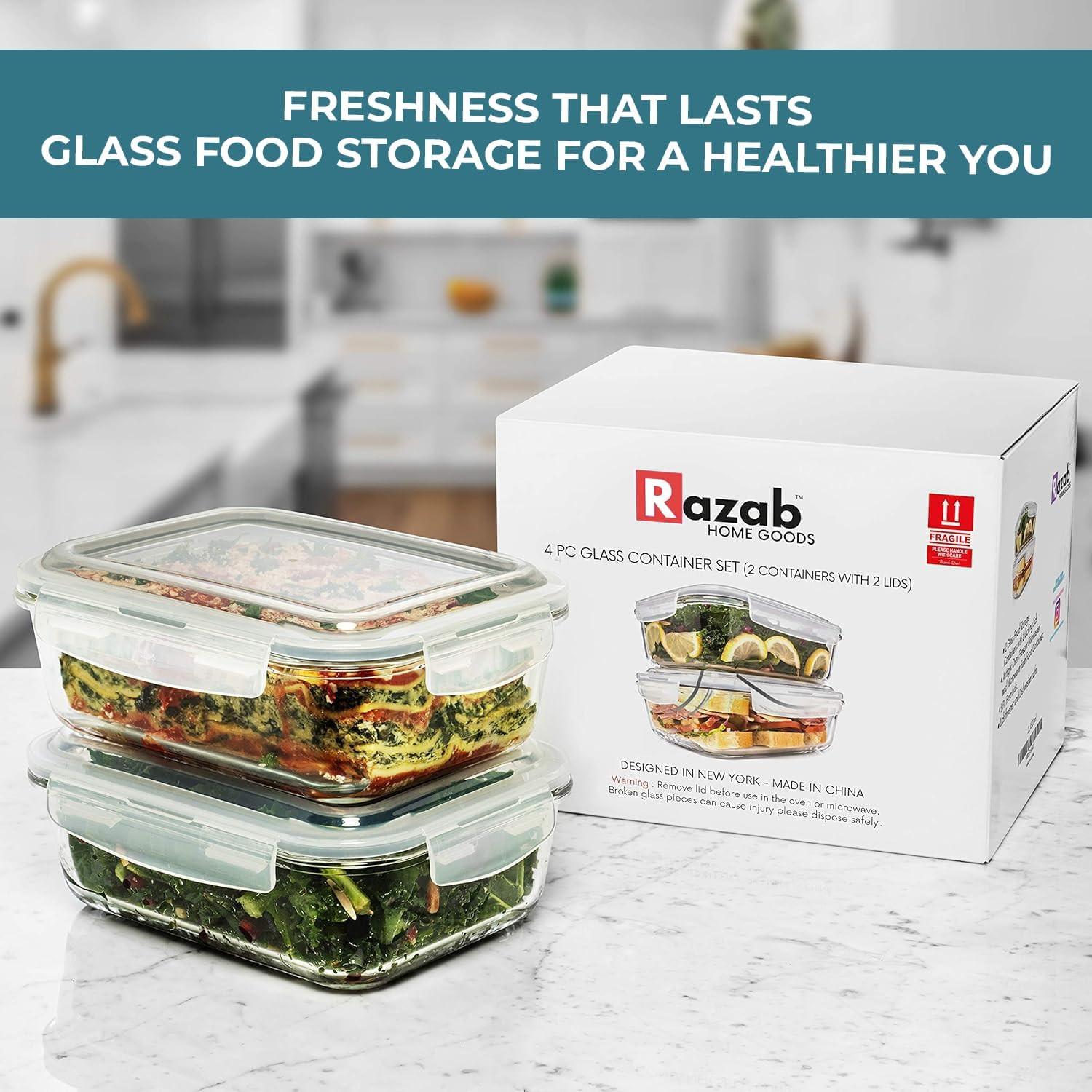 6.5 Cups / 52 Oz 4 Piece (2 Containers + 2 Lids) Glass Food Storage Containers S