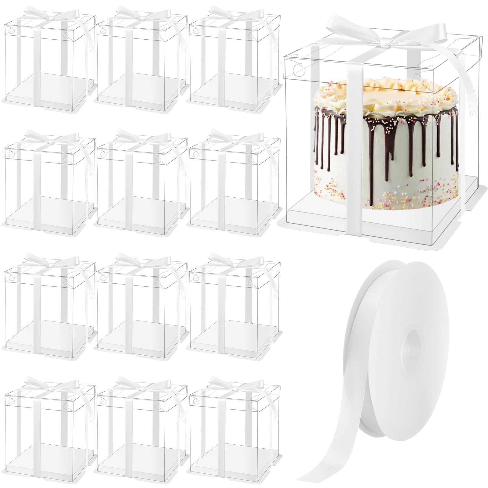 12 PCS 7x7x8 Inch Clear Cake Box Ribbon Transparent Carrier Container Board