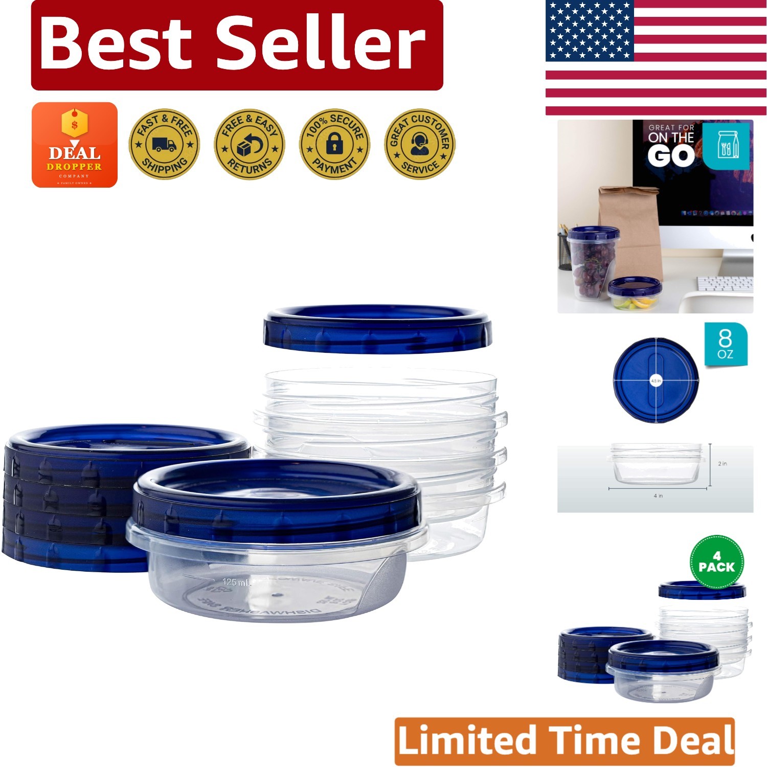 Clear Bottom Blue Lid Deli Containers – 8 oz, Stackable, Microwave Safe – 4 Pack