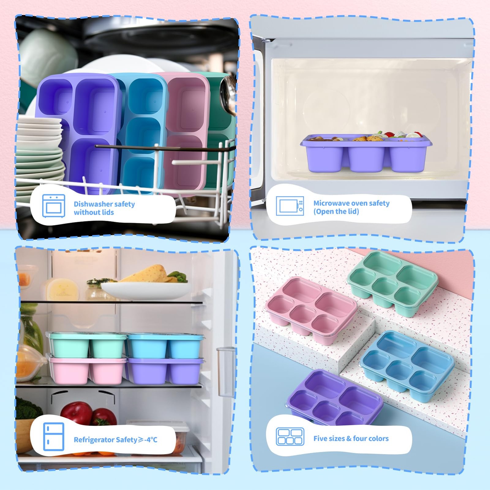 Bento Box Adult Lunch – 4 Pack, 5 – PP(Blue/Pink/Green/Purple)
