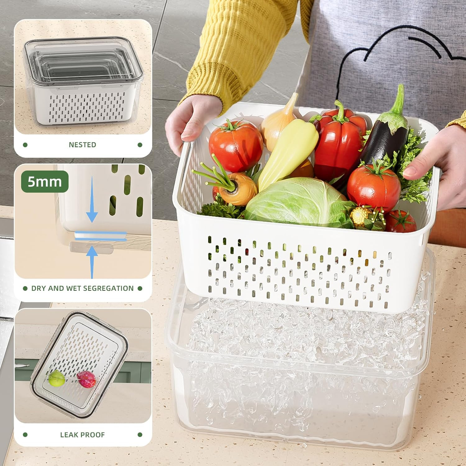 KEMETHY 5 Pack Fruit Storage Containers for Fridge with Removable Colanders – Fo