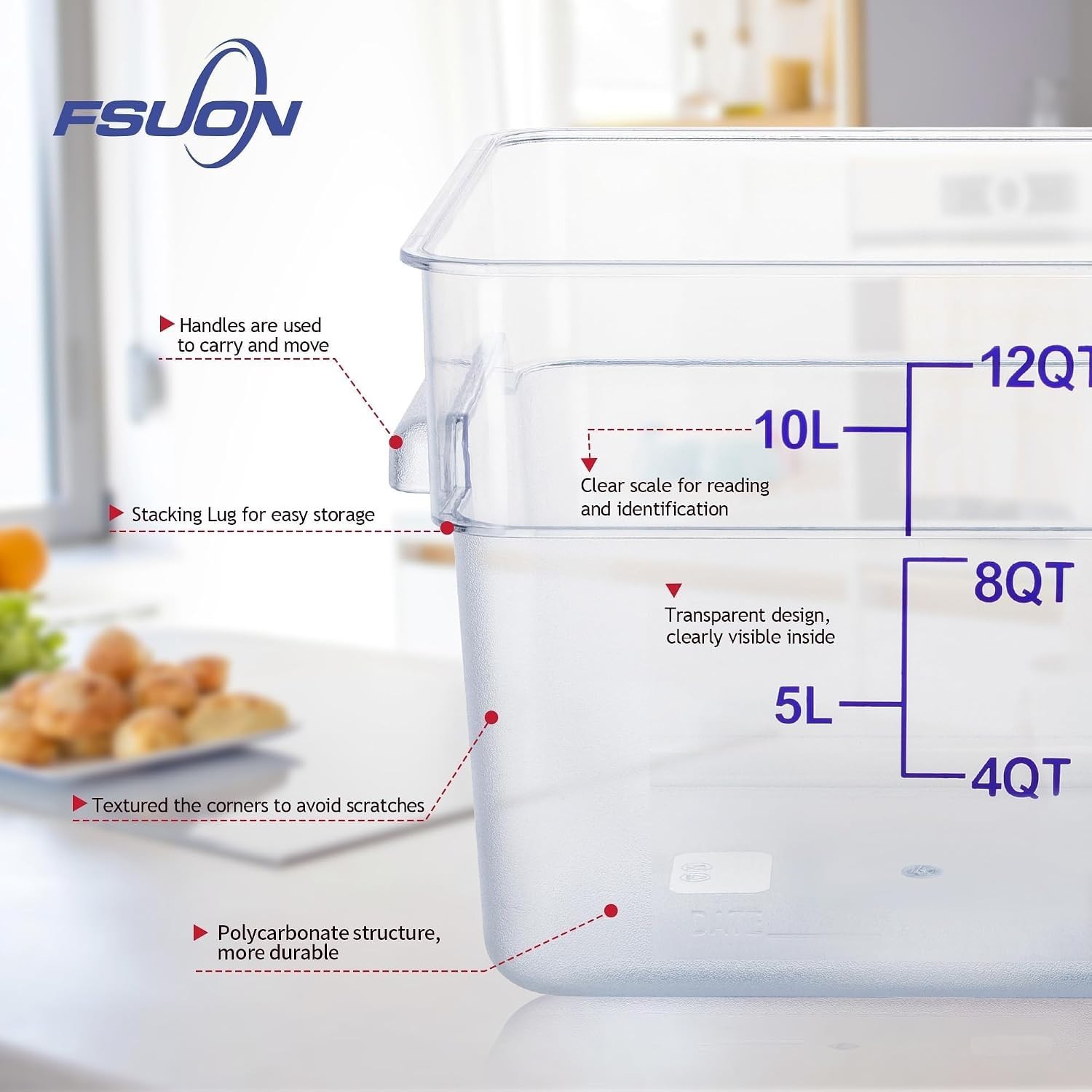 4 Pack 12 Qt Square Polycarbonate Food Storage Containers with BPA-free PC with