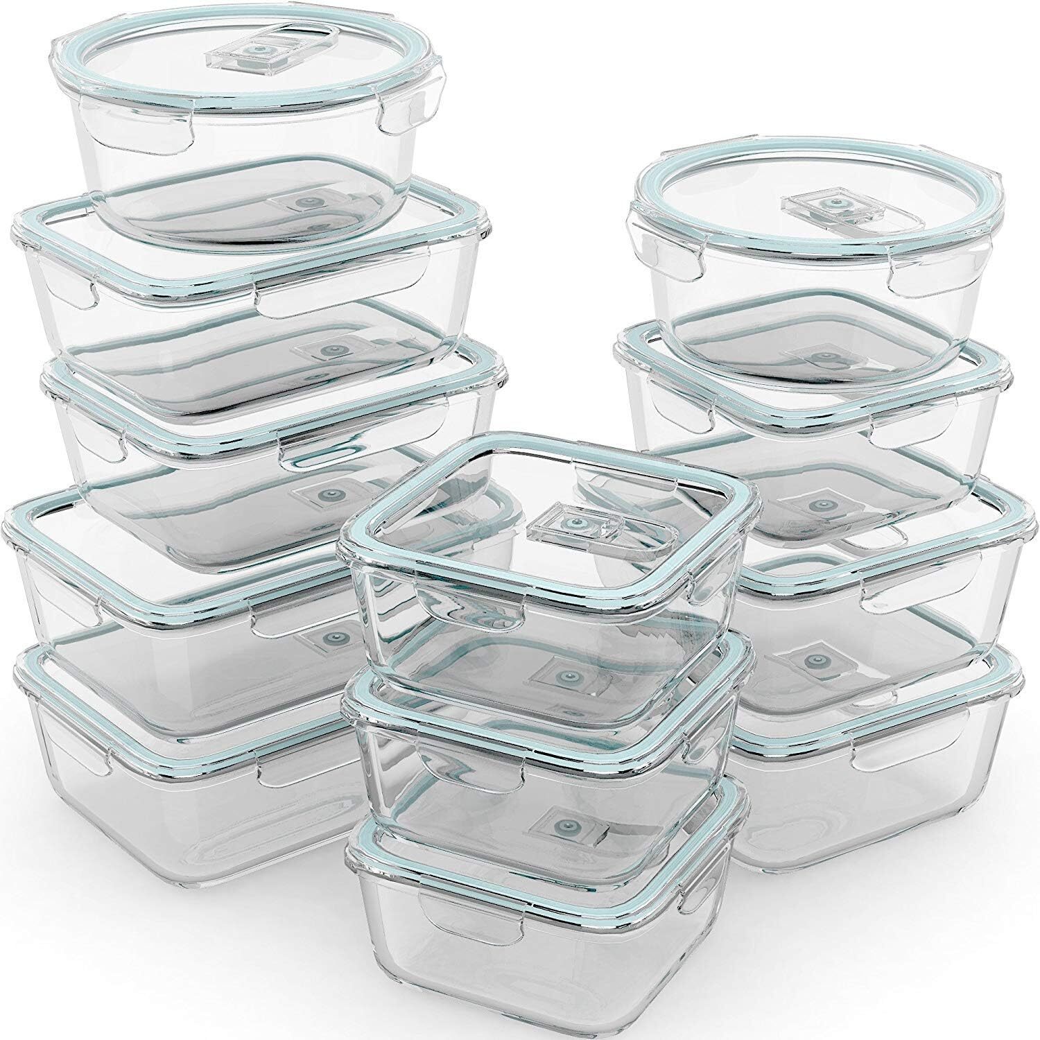 24 airtight glass food storage containers (12 lids and 12 containers)