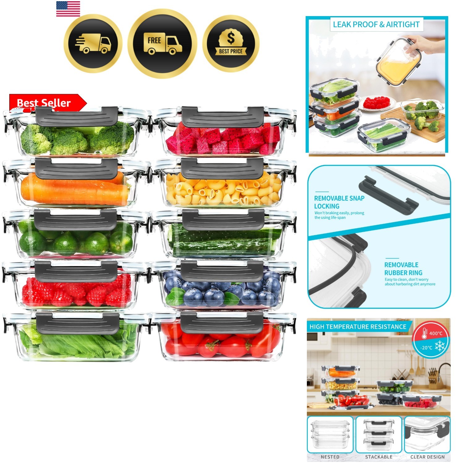 10 Pack Glass Meal Prep Containers, 22 OZ Glass Airtight Food Storage Contain…
