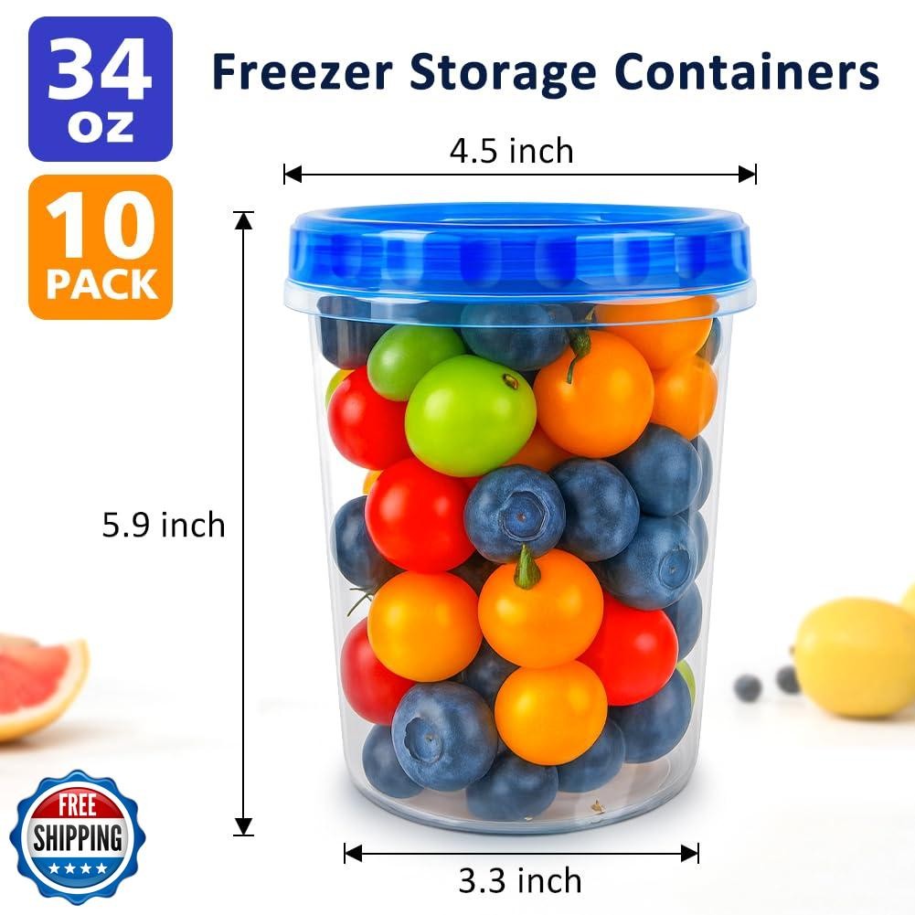 10 Pack 34oz Reusable Freezer Food Storage Containers with Twist Top Lids, Ai