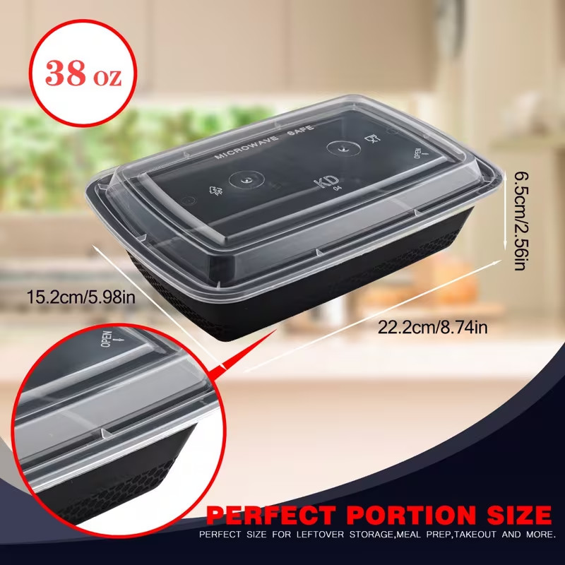 38 oz Plastic Meal Prep Food Black Containers With Lids Microwavable BPA FREE
