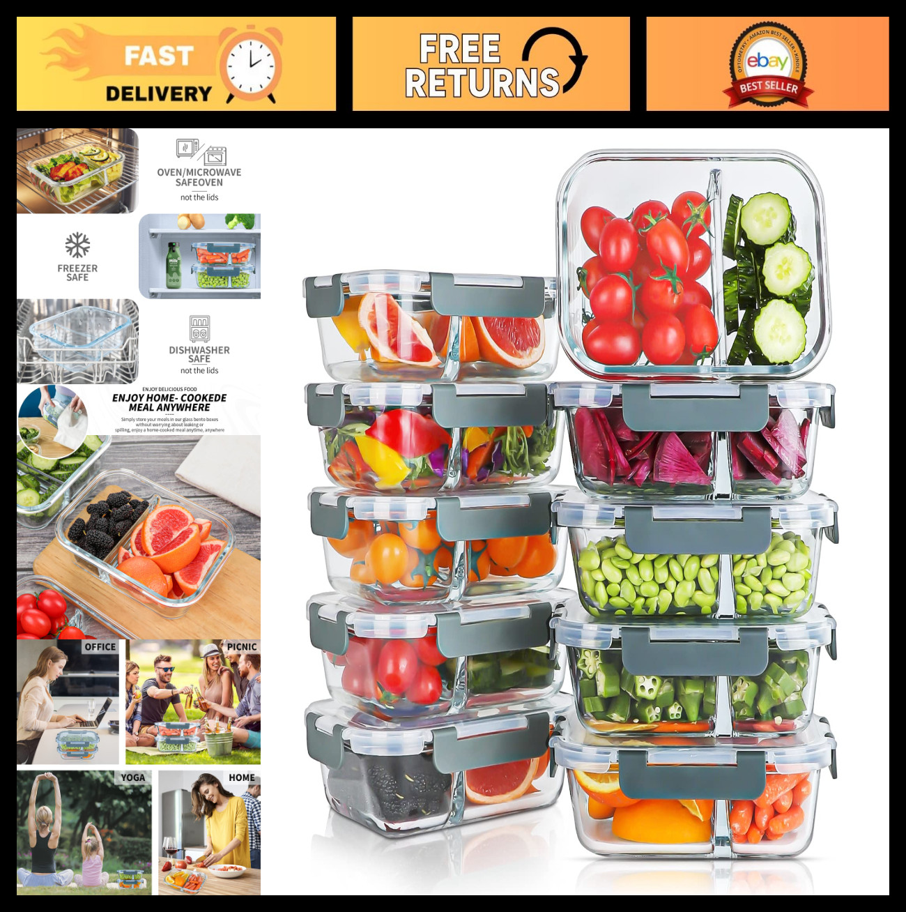10 Pack 30oz Glass Meal Prep Containers – 2 Compartment Airtight Food Storage Bo