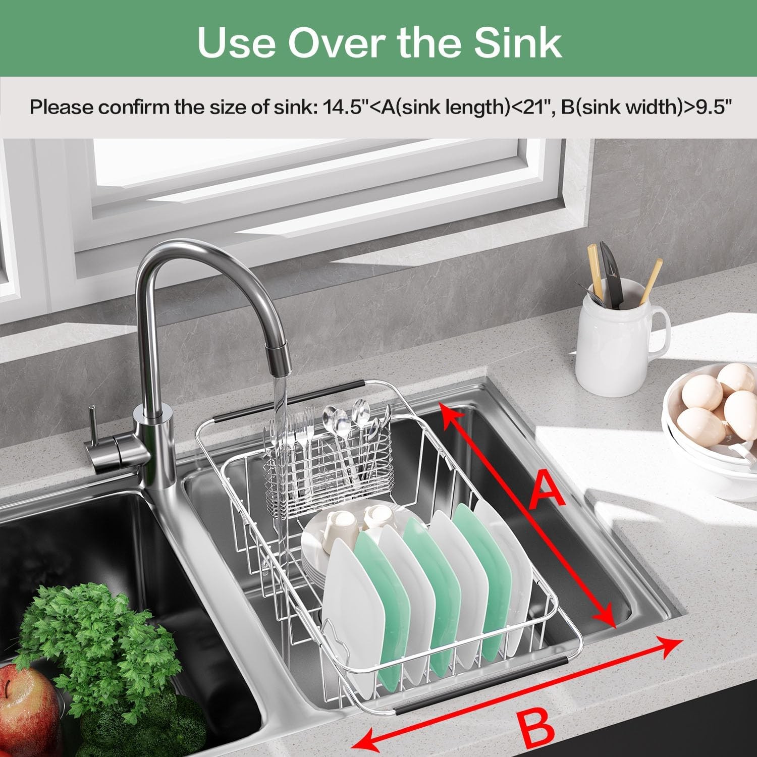 Dish Drainer Rack in Sink Adjustable, Expandable 304 Stainless Steel Metal Dish