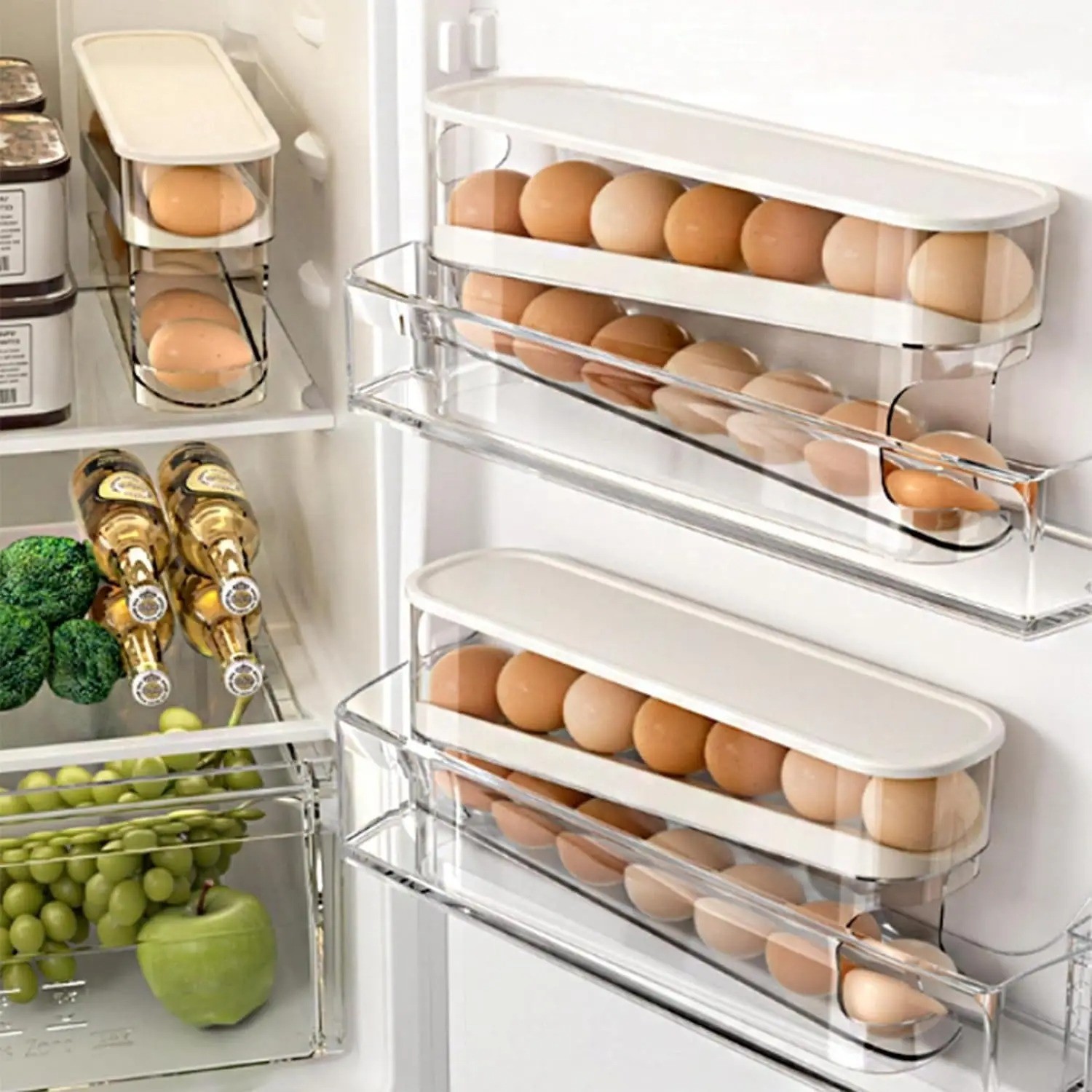 Auto Rolling Fridge Egg Organizer Space Saving Refrigerator Egg Holder Rack
