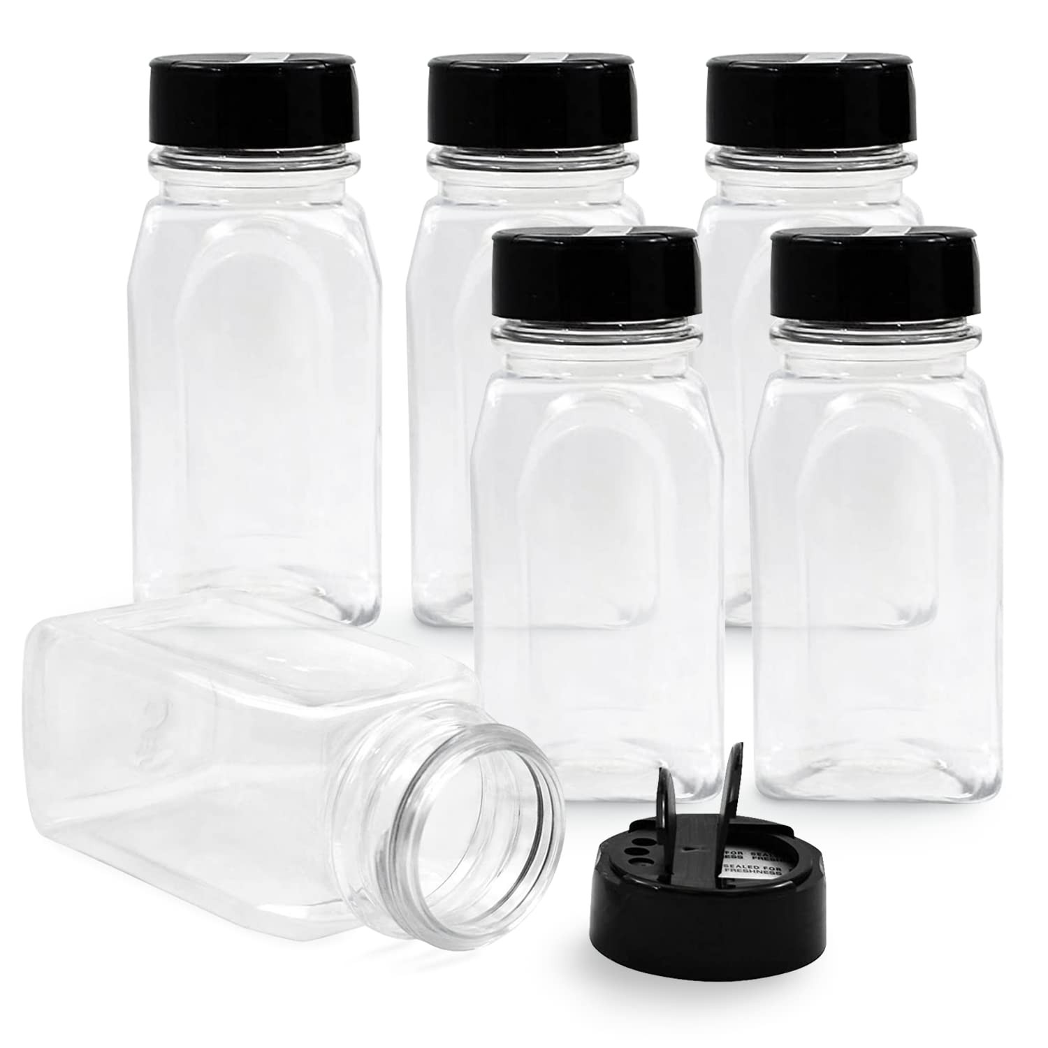Black Plastic Spice Containers Set Of 6 Clear 9.5 Oz Jars With Flip Top Lids