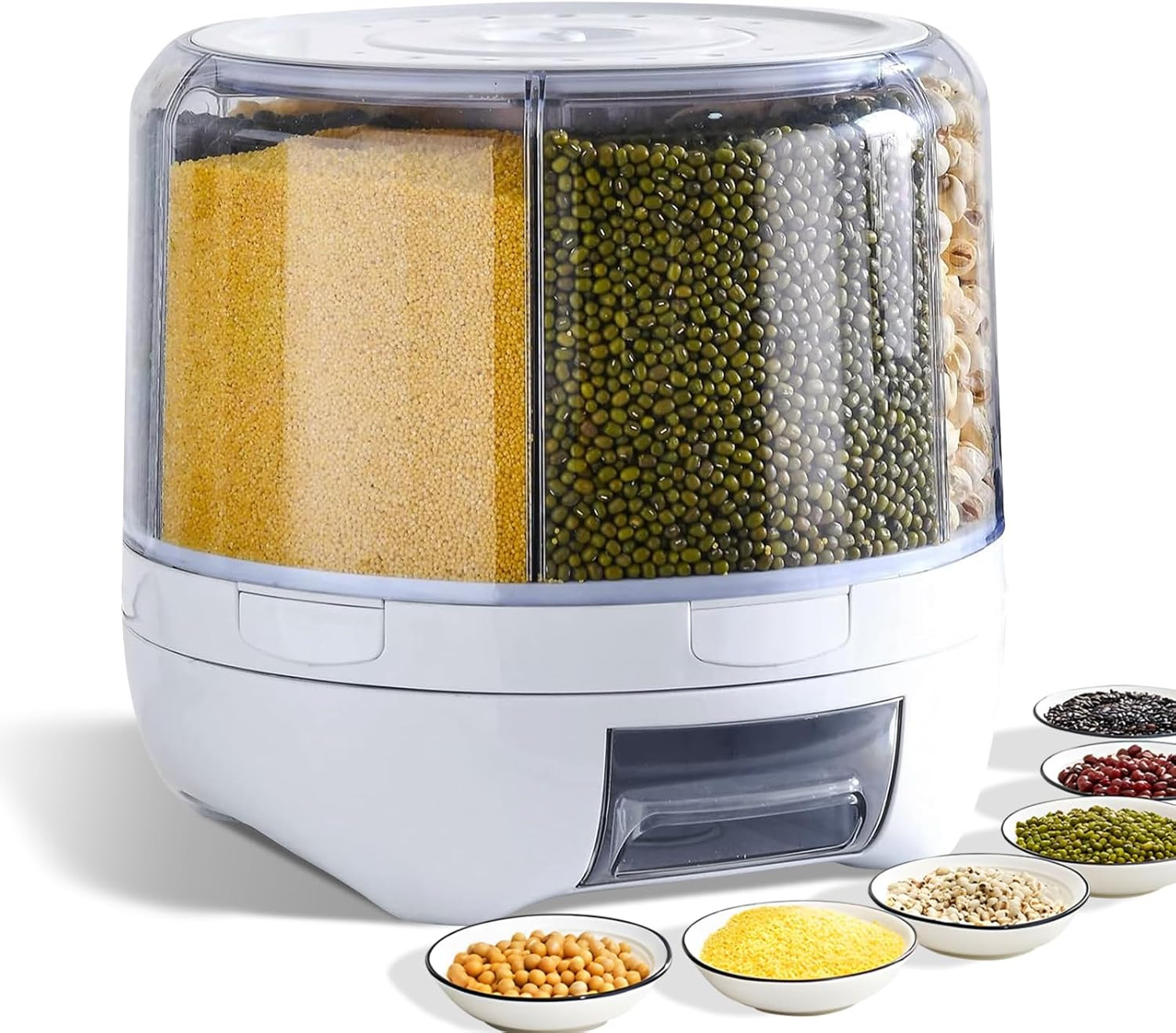 Grain Dispenser, 360° Rotating Storage Container, 6 Grid Food Dispenser with Sto