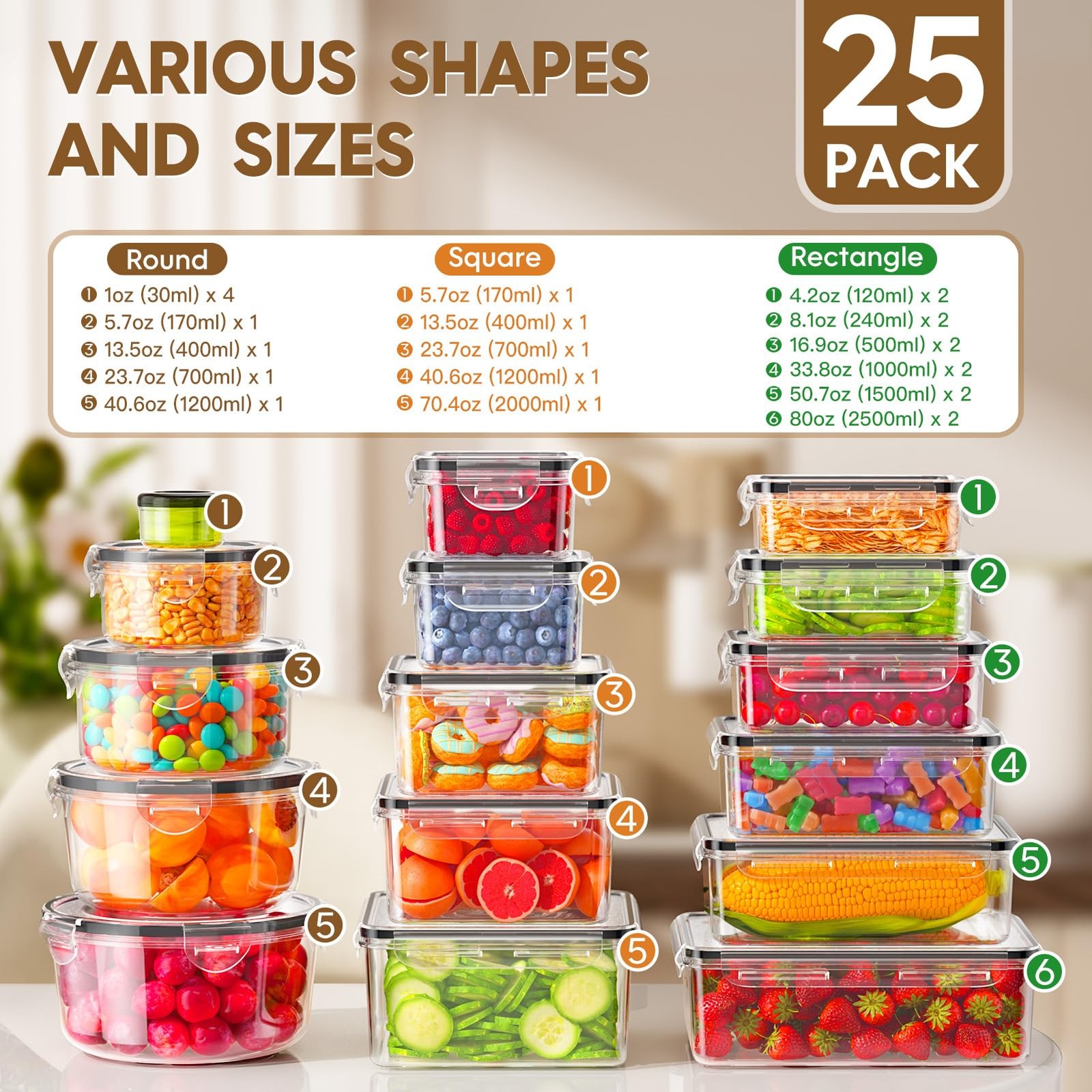 25 Containers 25 Lids, Leakproof Meal Prep, Microwave/Dishwasher Safe, Clear
