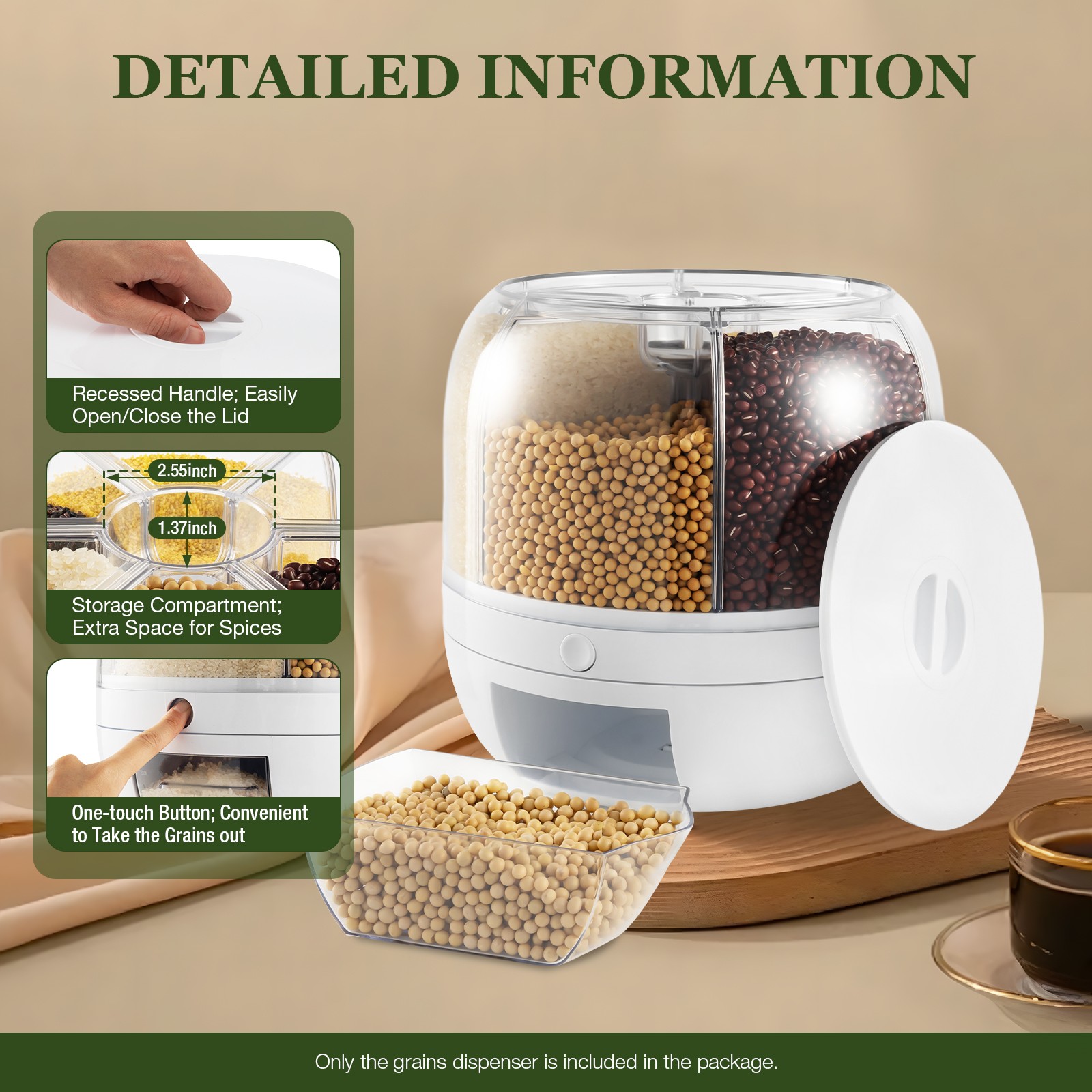 Rice Dispenser Dry Grain Food Storage Container Tank 6-Grid Rotating f/ Kitchen