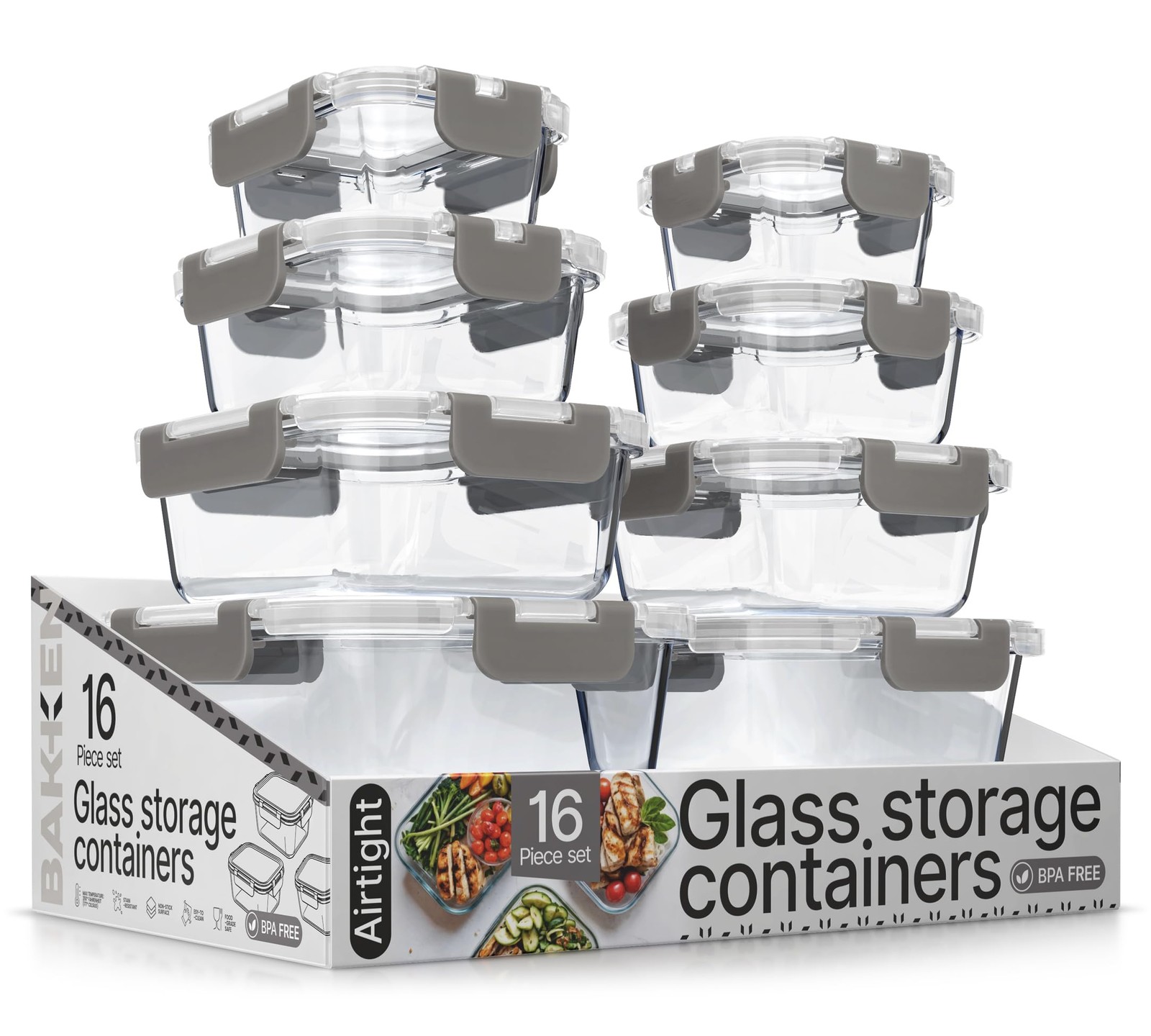 BAKKEN BOROSILICATE GLASS STORAGE 16 PIECES BPA-FREE GRAY EMPGFCL448GY – GRAY