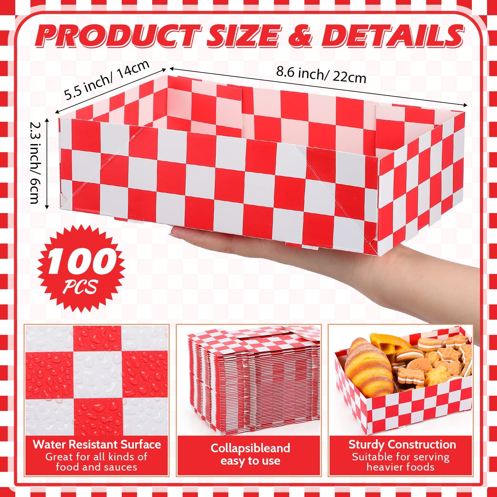 100 Pcs Disposable Red Checkered Cardboard Food Tray 8.6″ x 5.5″ x 2.3″ Paper…