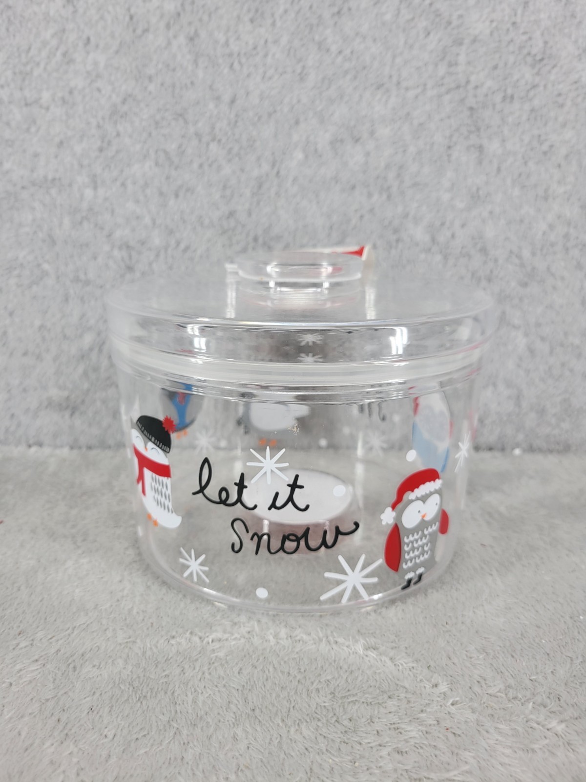 Holiday Time Treat Container Christmas Owls Penguins Snowflakes Cookie Jar 5″