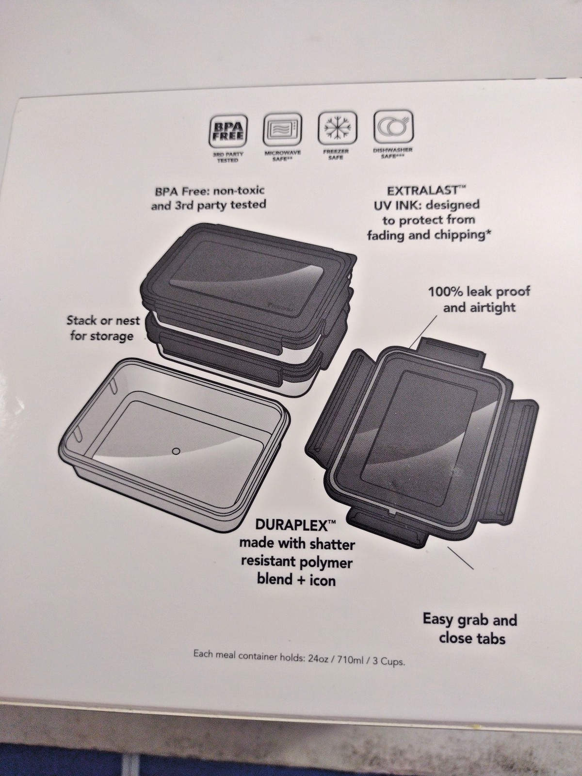 Performa Meal Container Holds 24oz/3 Cups Leak Proof BPA Free 3 Pk