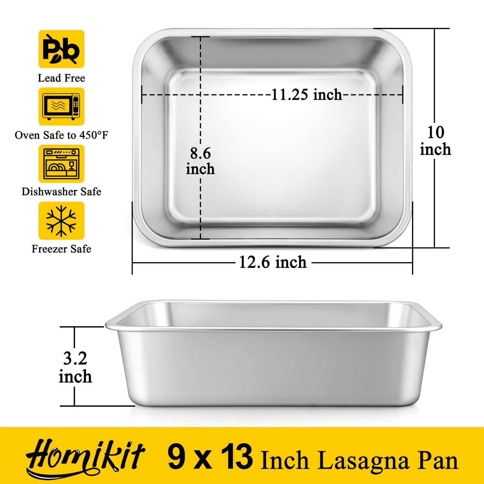 Homikit 2 Pack Lasagna Pan 3 9.8 inches x 12.6 x 3.1 inches, Silver