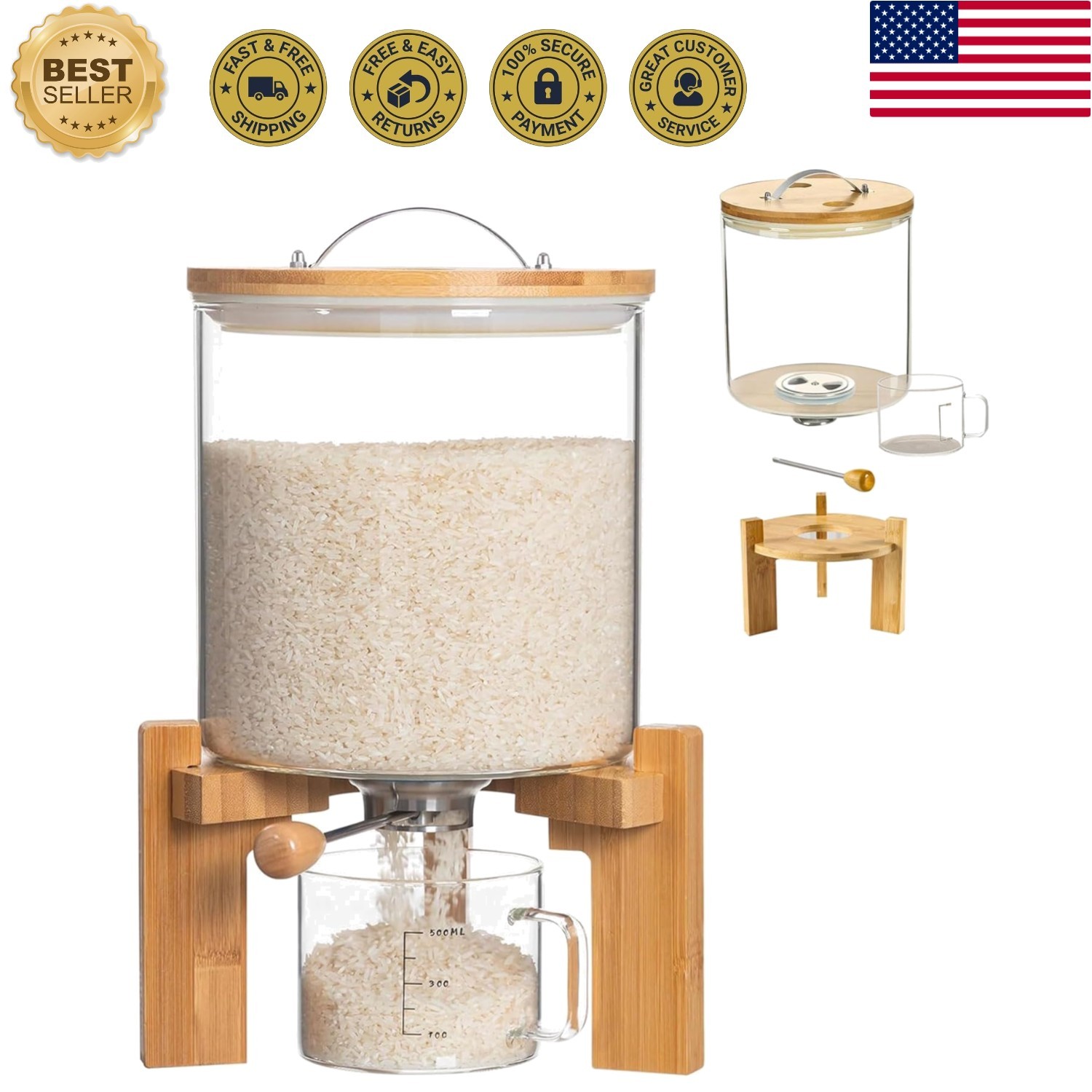 Glass Rice Dispenser 5L, Cereal Dispenser Countertop, Grain Dispenser/Food St…