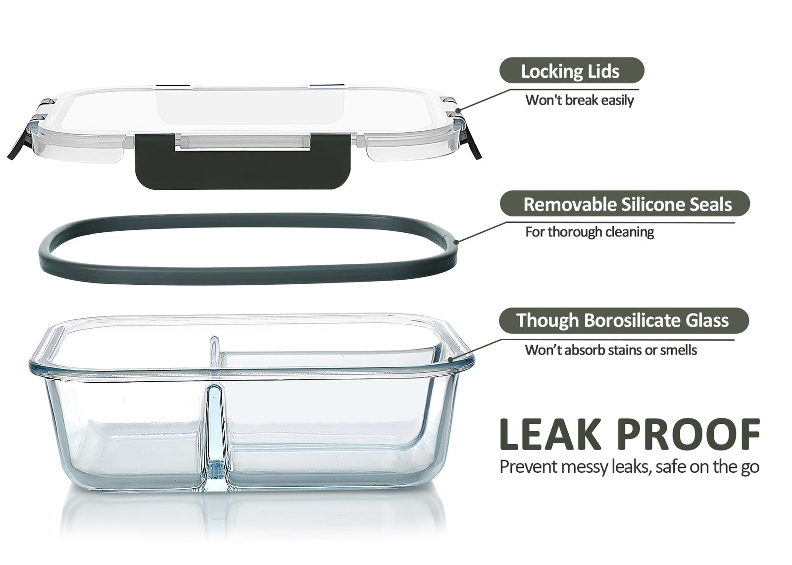 [5-Pack, 36 oz] Glass Meal Prep Containers 3 Compartment with Lids, Glass Lun…