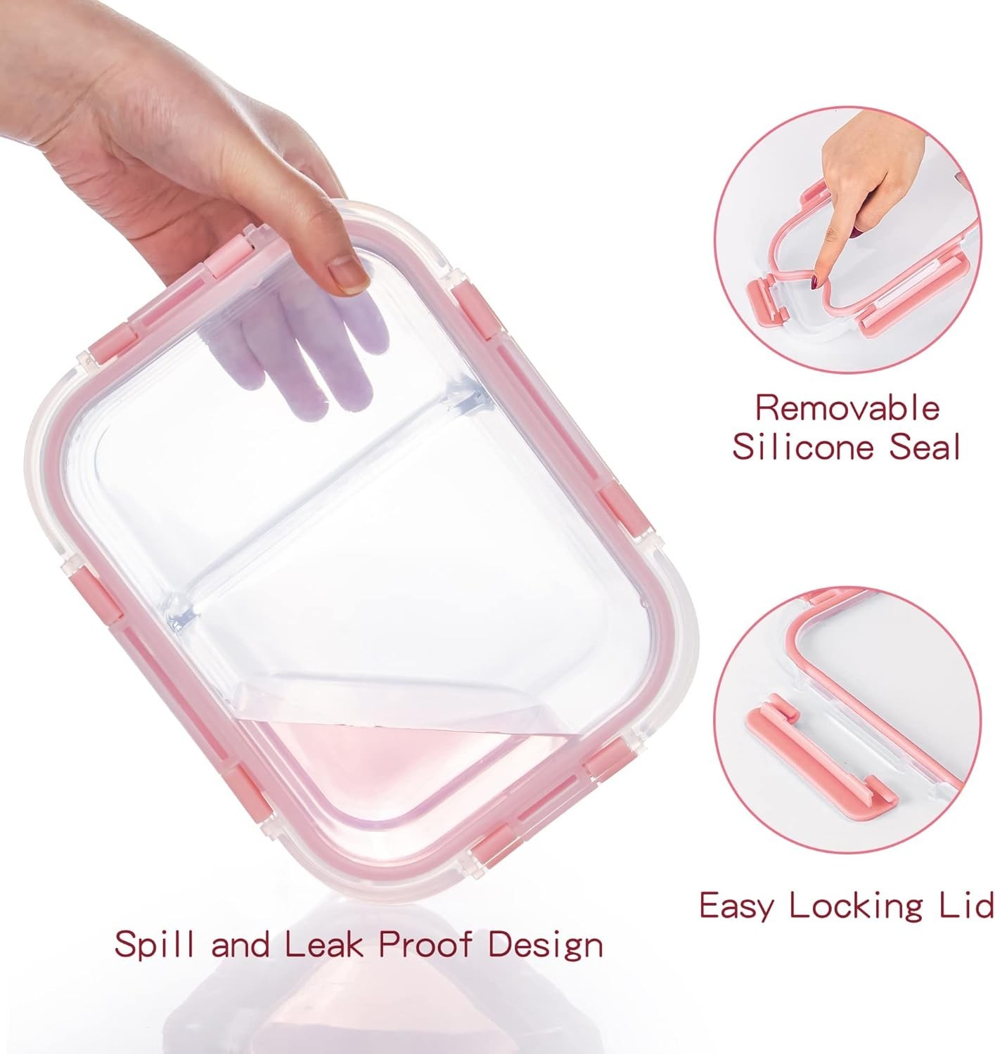 Glass Meal Prep Containers 2 Compartment with Lids (5 Pack, 34oz), Divided Glass