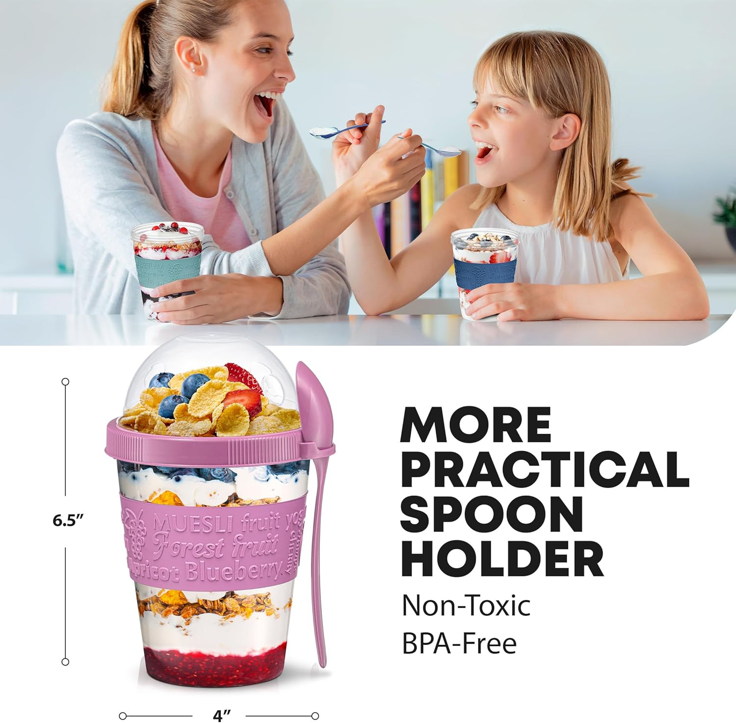 4 Pack – on the Go Yogurt Parfait Cups with Lids, Topping Compartment & Spoon, Y