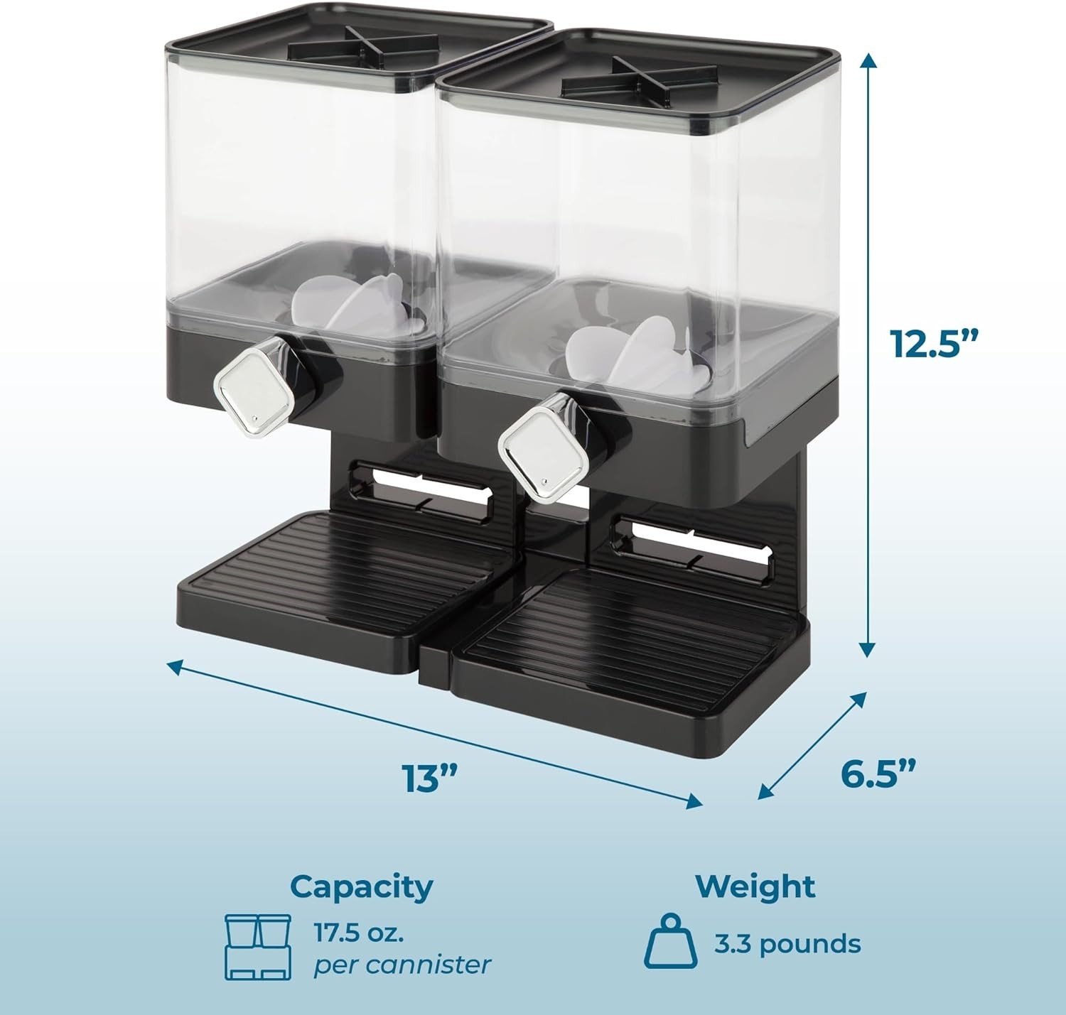 Airtight Dual Canister Food Dispenser for Cereal & Snack Storage, Black/Chrome