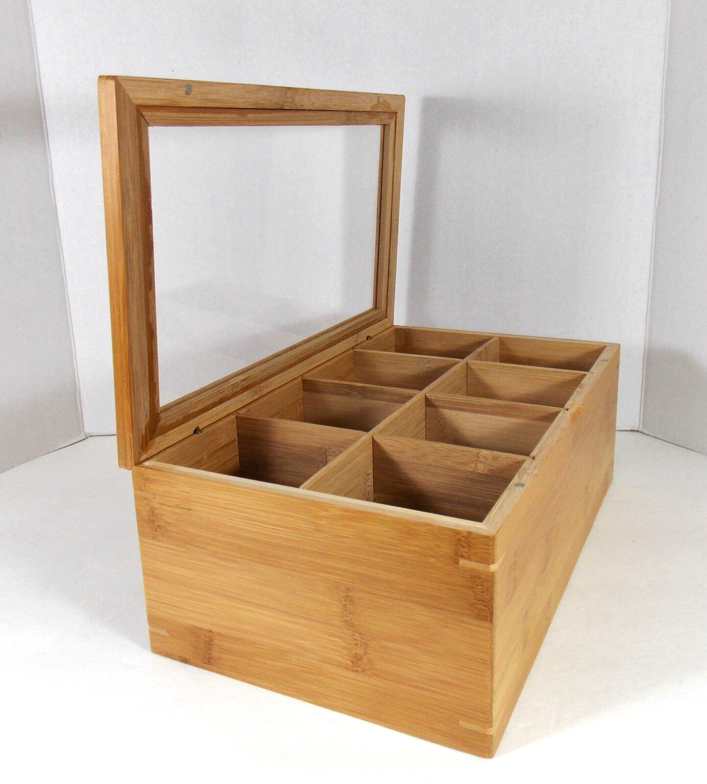 Bamboo Box Divided Tea Caddy Hinged Clear Lid