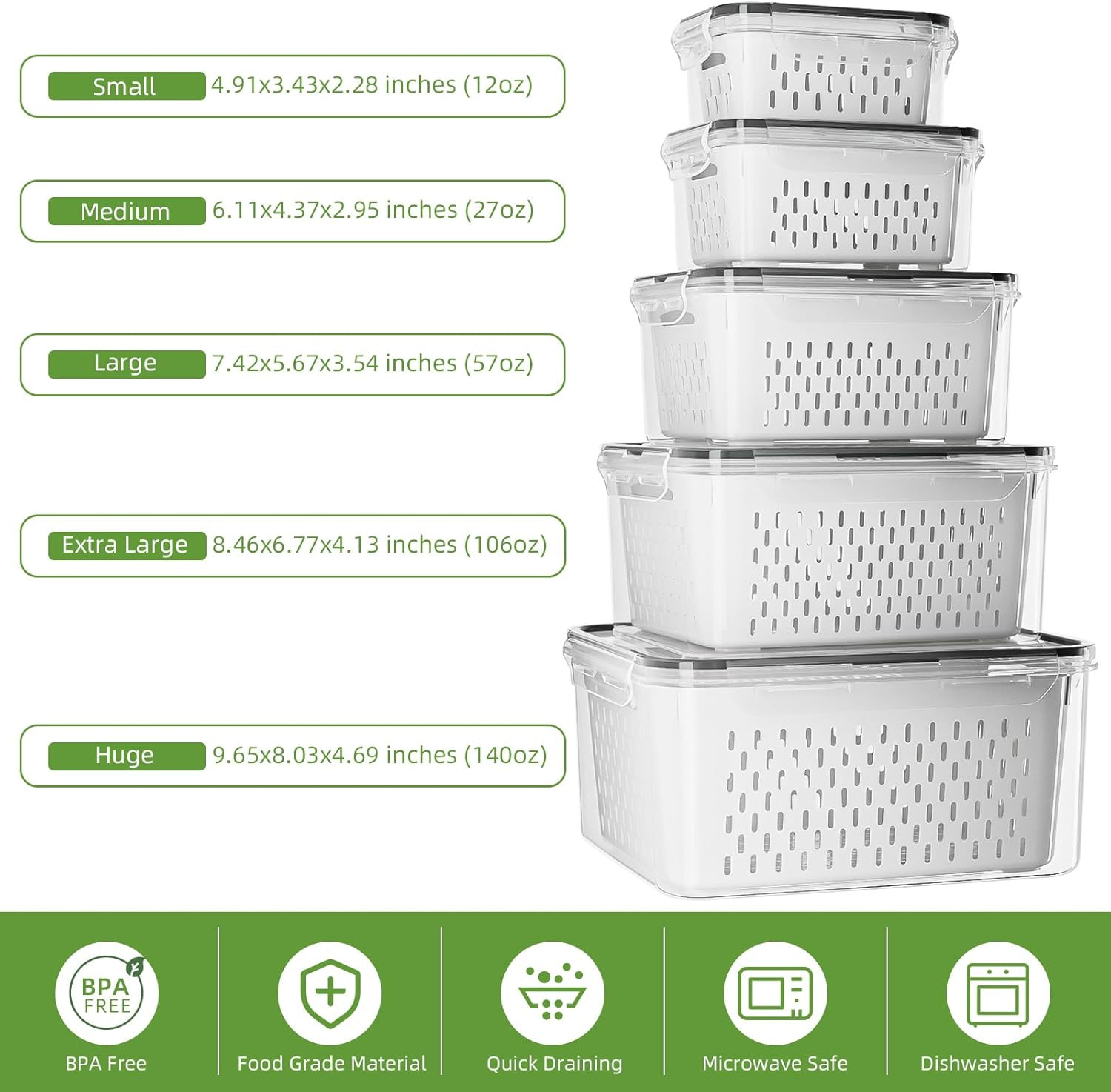 KEMETHY 5 Pack Fruit Storage Containers for Fridge with Removable Colanders – Fo