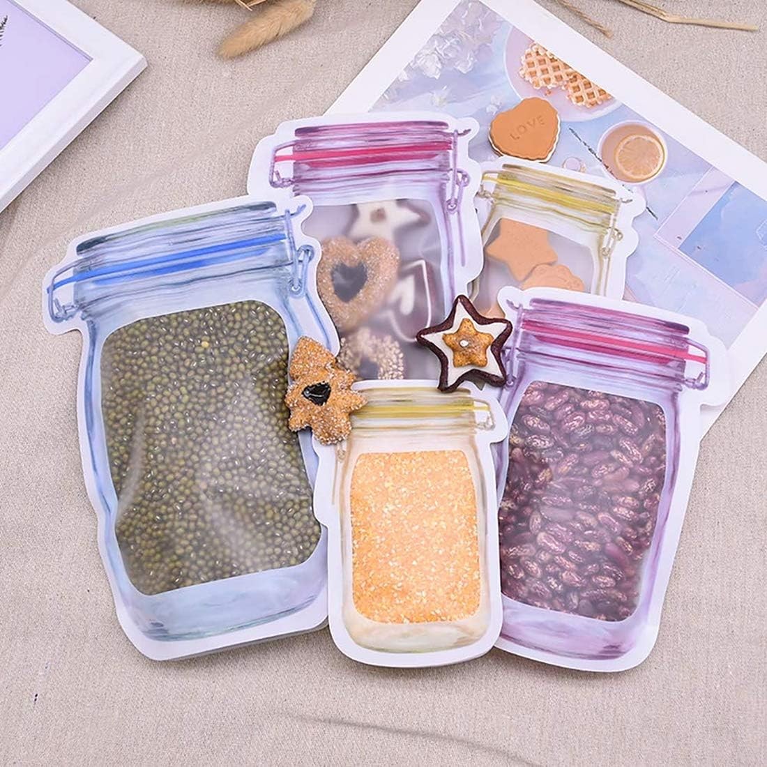 60Pcs 3 Color Mixed Food Saver Storage Bags Mason Jar Pattern Reusable Portab…